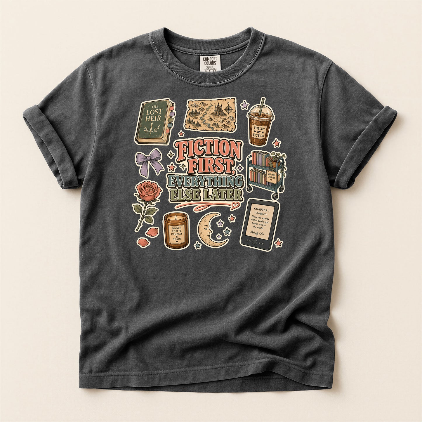 Fiction First Booklover T-Shirt — Vintage Reading Collage Tee