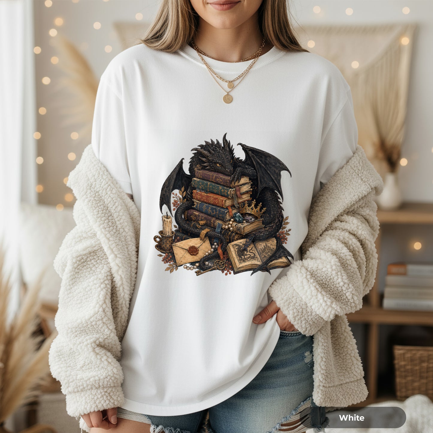 Fantasy Dragon Bookstack T-Shirt — Gothic Reading Nook Design
