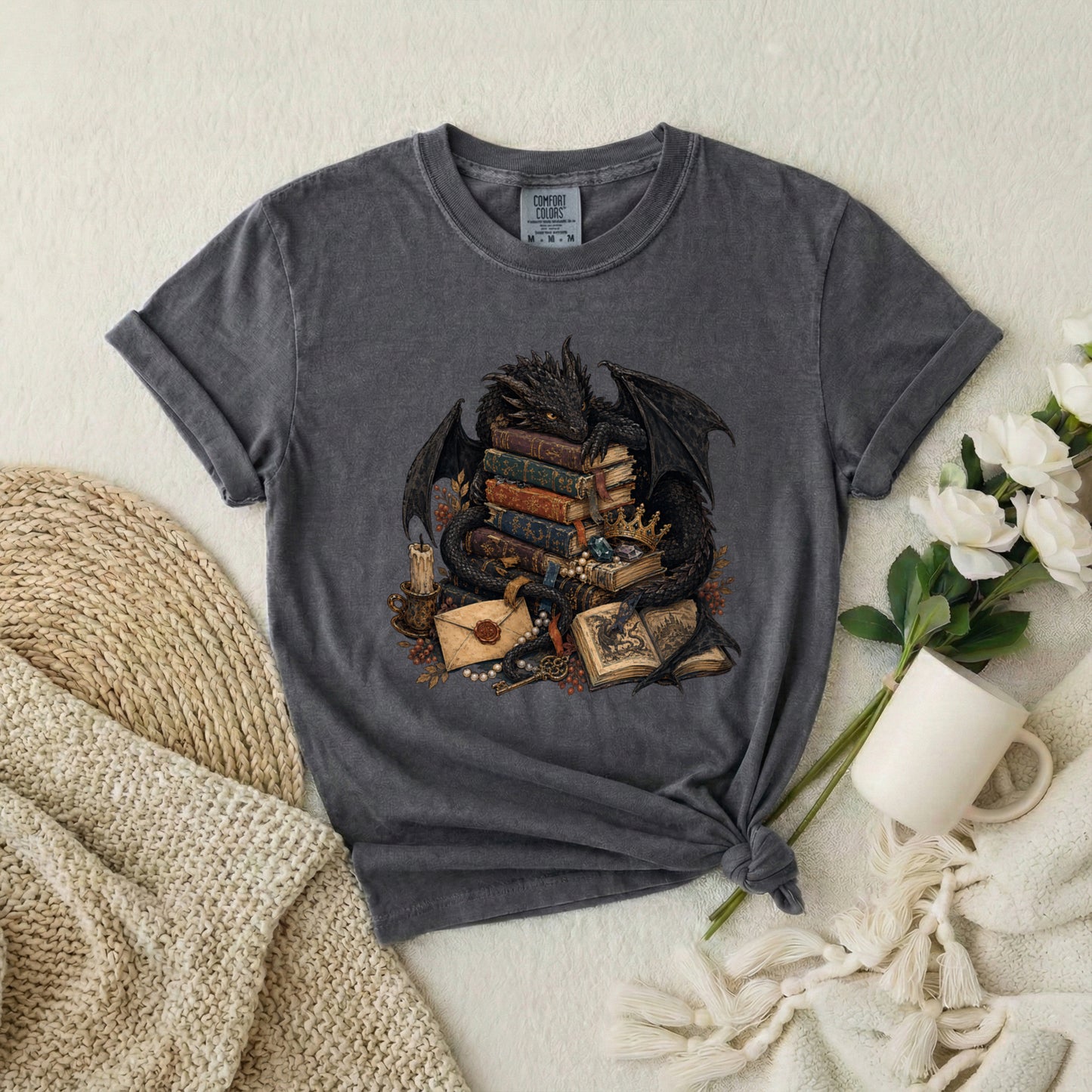 Fantasy Dragon Bookstack T-Shirt — Gothic Reading Nook Design