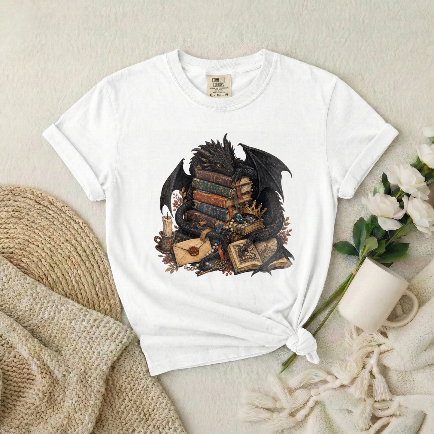 Fantasy Dragon Bookstack T-Shirt — Gothic Reading Nook Design