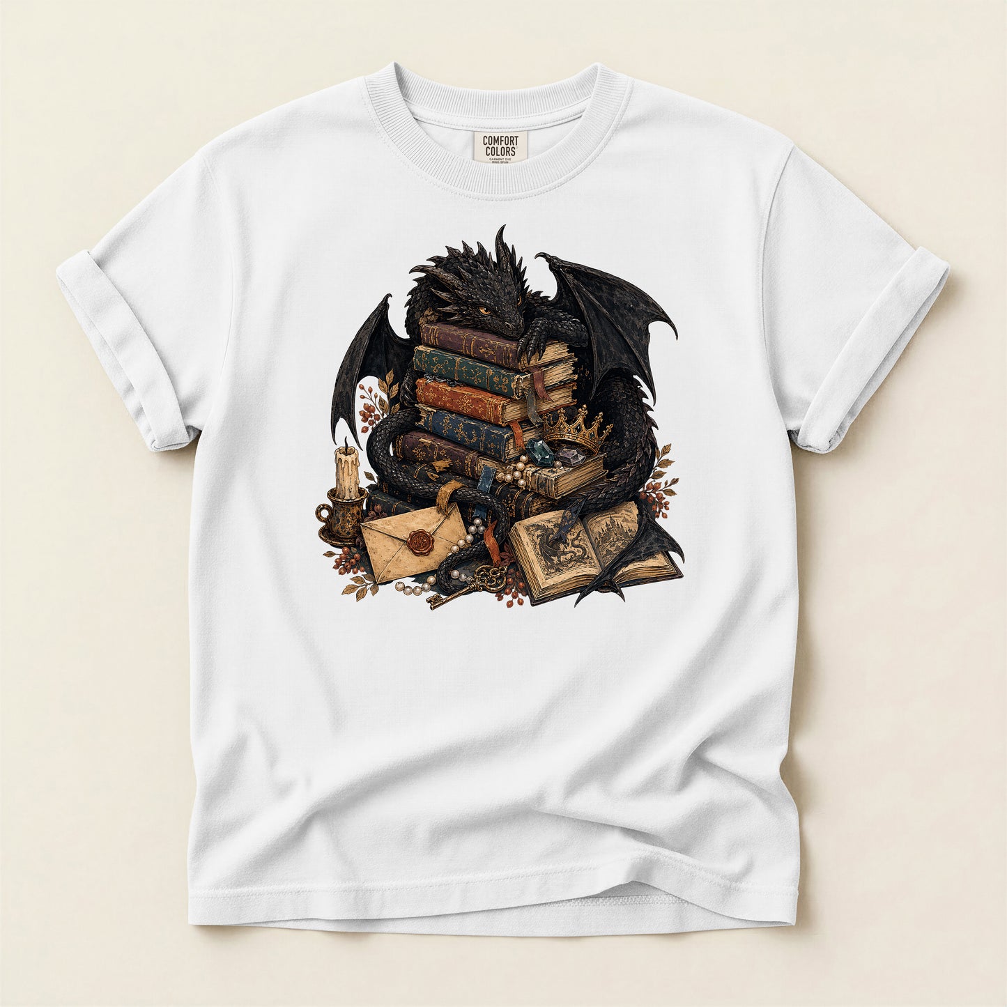 Fantasy Dragon Bookstack T-Shirt — Gothic Reading Nook Design