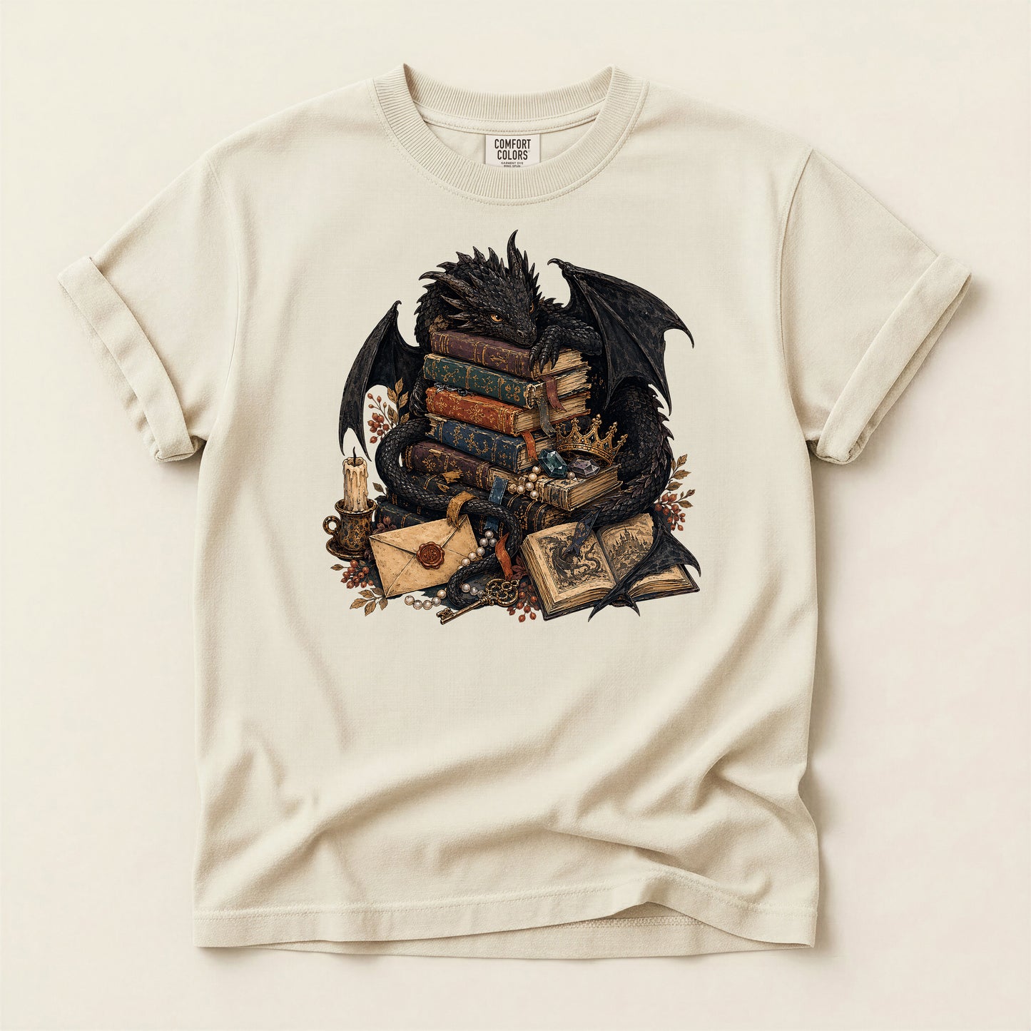 Fantasy Dragon Bookstack T-Shirt — Gothic Reading Nook Design