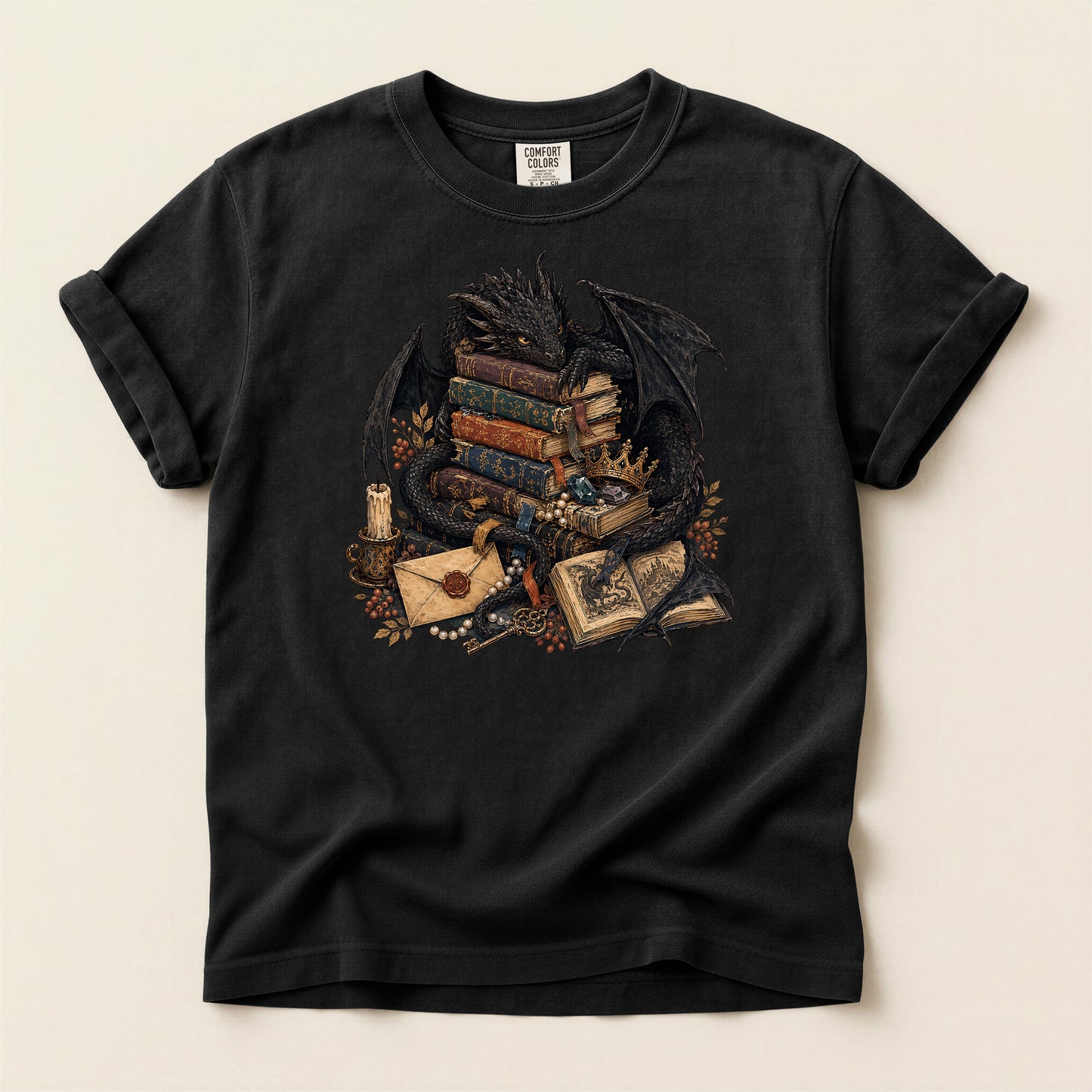 Fantasy Dragon Bookstack T-Shirt — Gothic Reading Nook Design