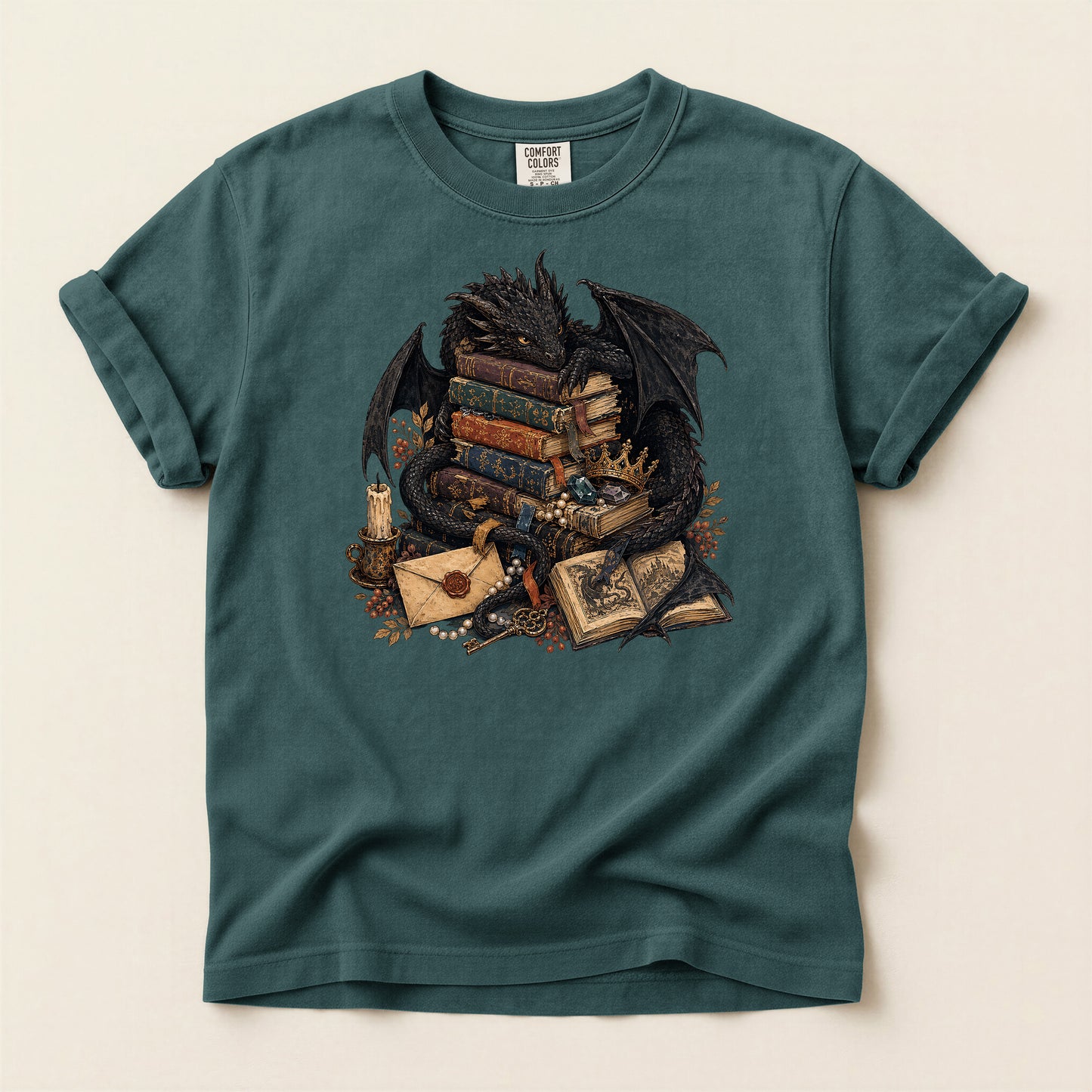 Fantasy Dragon Bookstack T-Shirt — Gothic Reading Nook Design