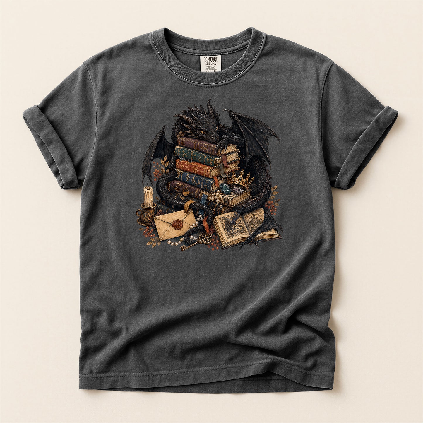 Fantasy Dragon Bookstack T-Shirt — Gothic Reading Nook Design