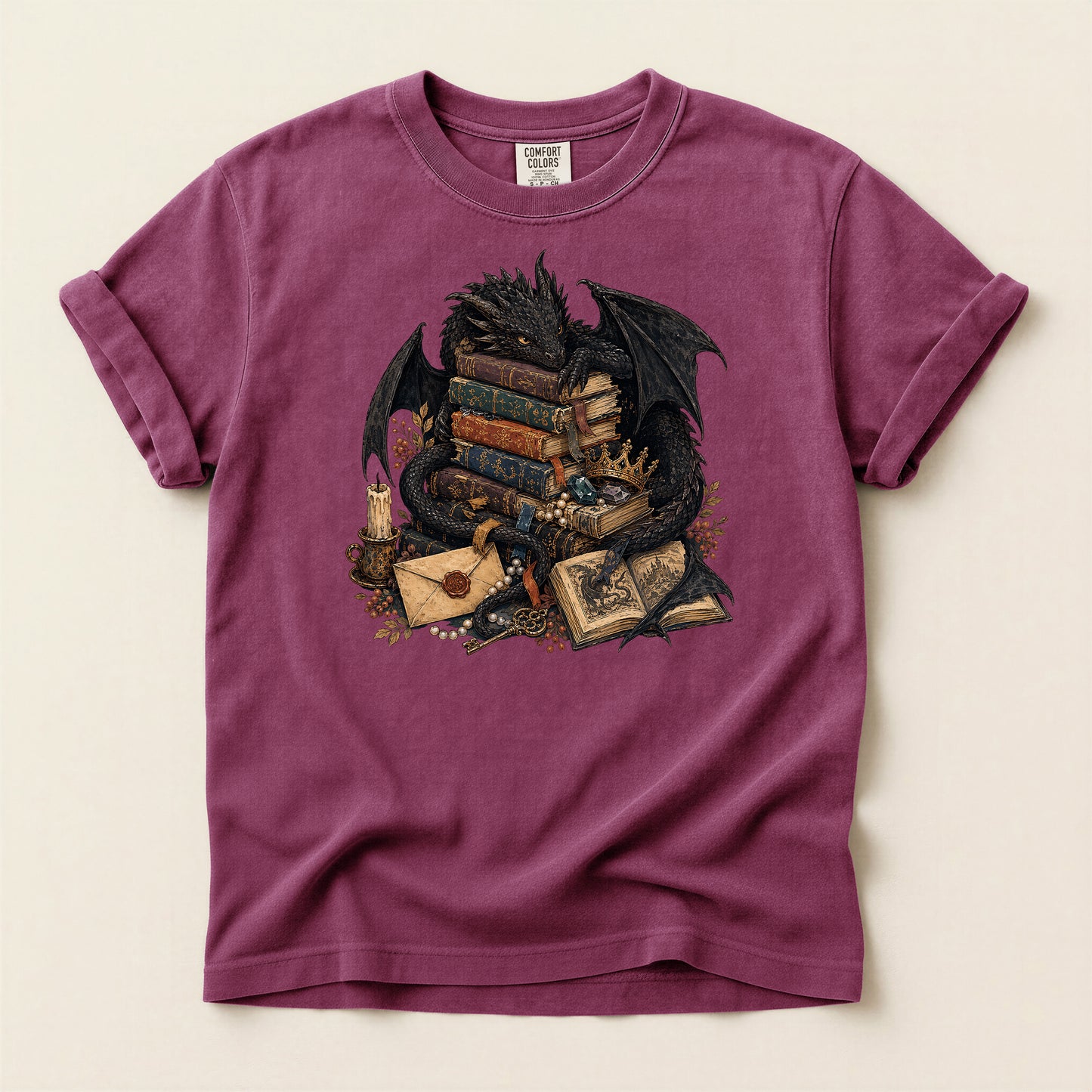 Fantasy Dragon Bookstack T-Shirt — Gothic Reading Nook Design