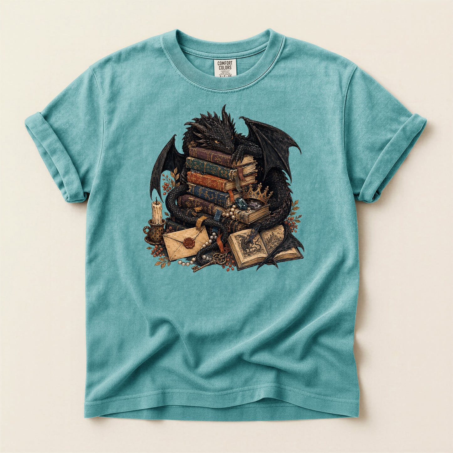 Fantasy Dragon Bookstack T-Shirt — Gothic Reading Nook Design