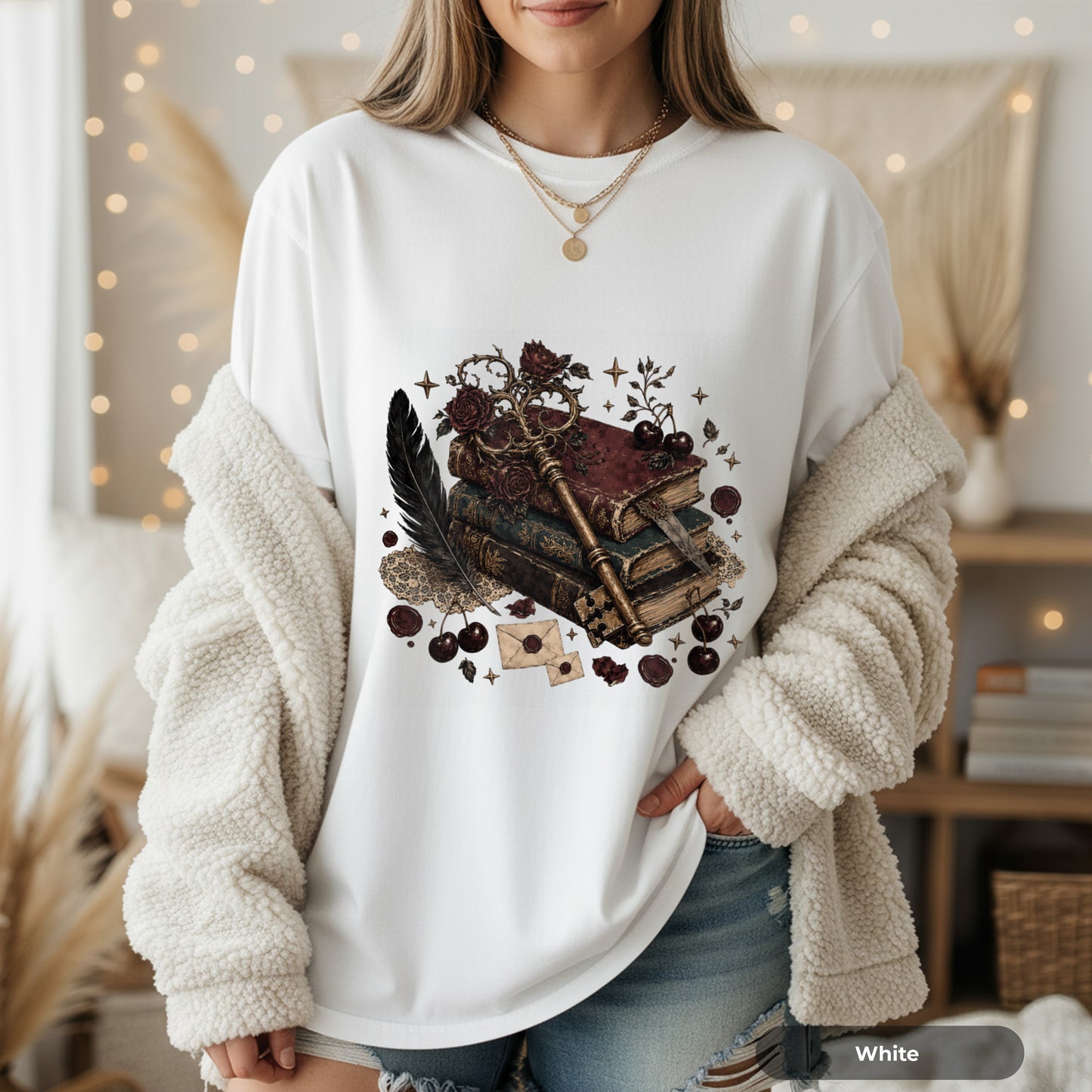 Mystic Book & Quill Graphic T-Shirt — Vintage Witchcraft Aesthetic