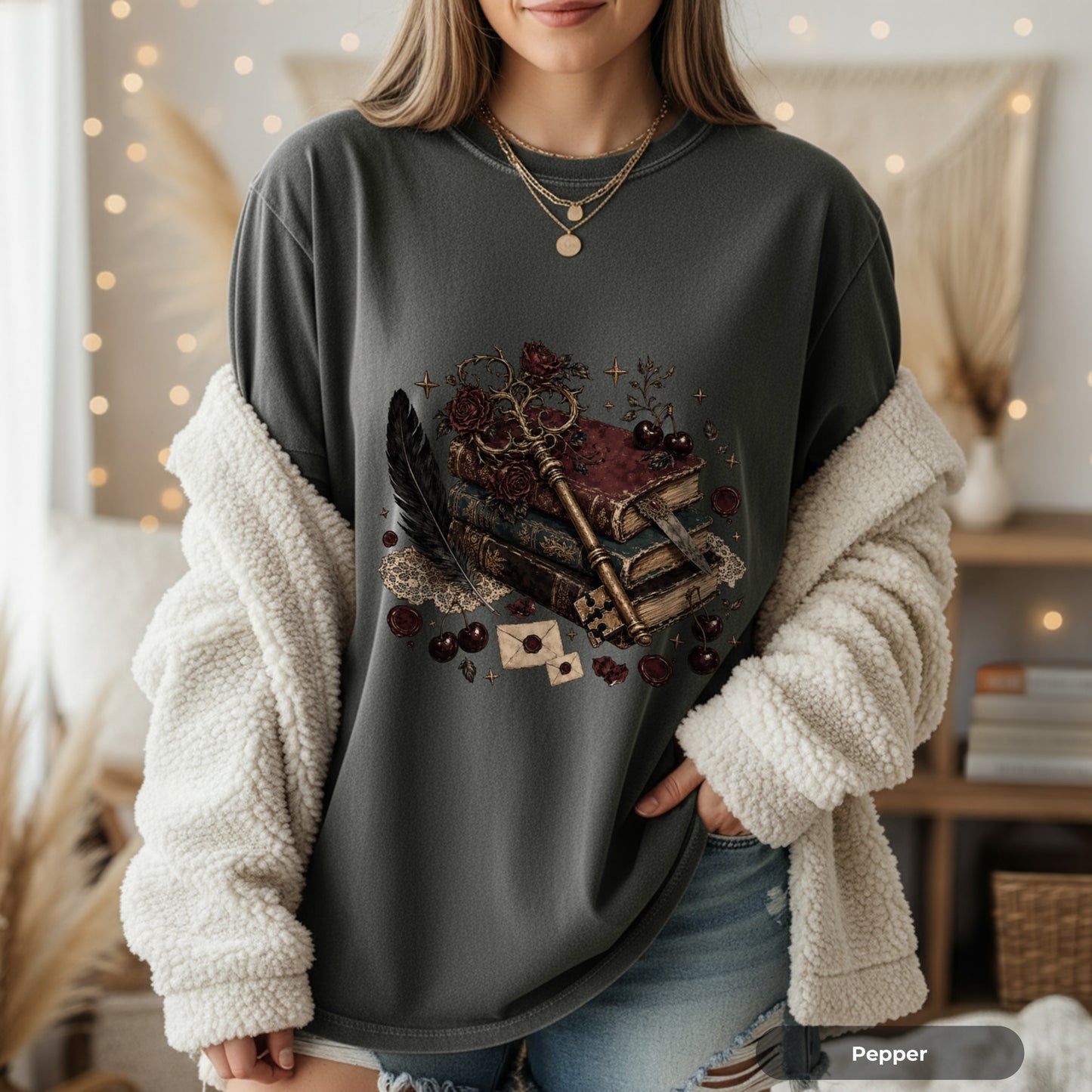 Mystic Book & Quill Graphic T-Shirt — Vintage Witchcraft Aesthetic