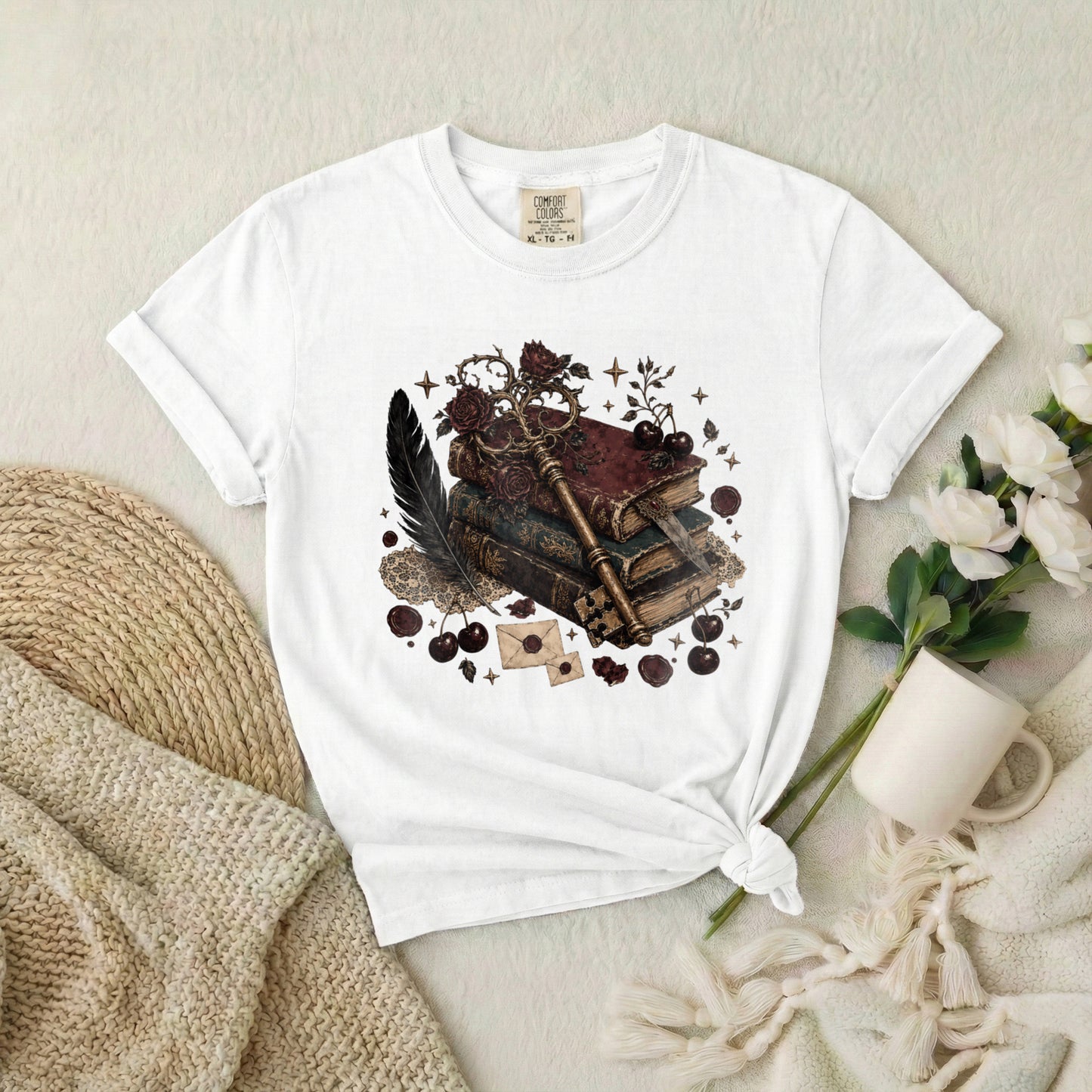 Mystic Book & Quill Graphic T-Shirt — Vintage Witchcraft Aesthetic