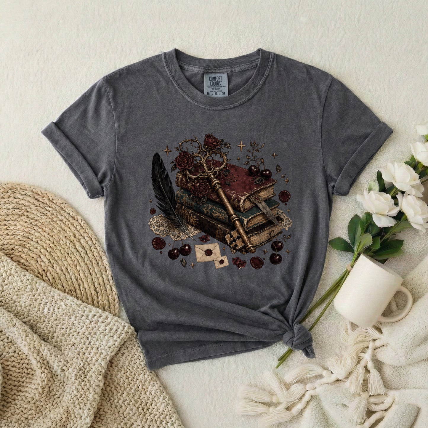 Mystic Book & Quill Graphic T-Shirt — Vintage Witchcraft Aesthetic