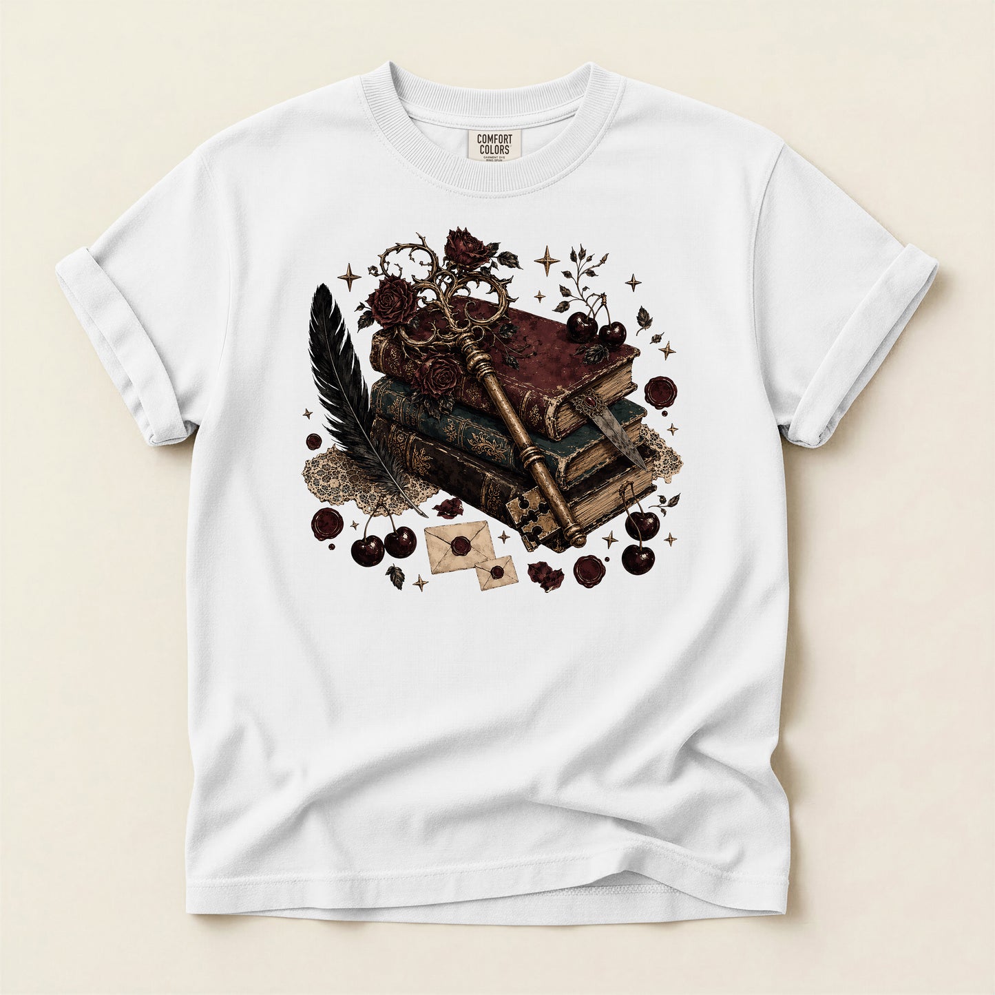 Mystic Book & Quill Graphic T-Shirt — Vintage Witchcraft Aesthetic