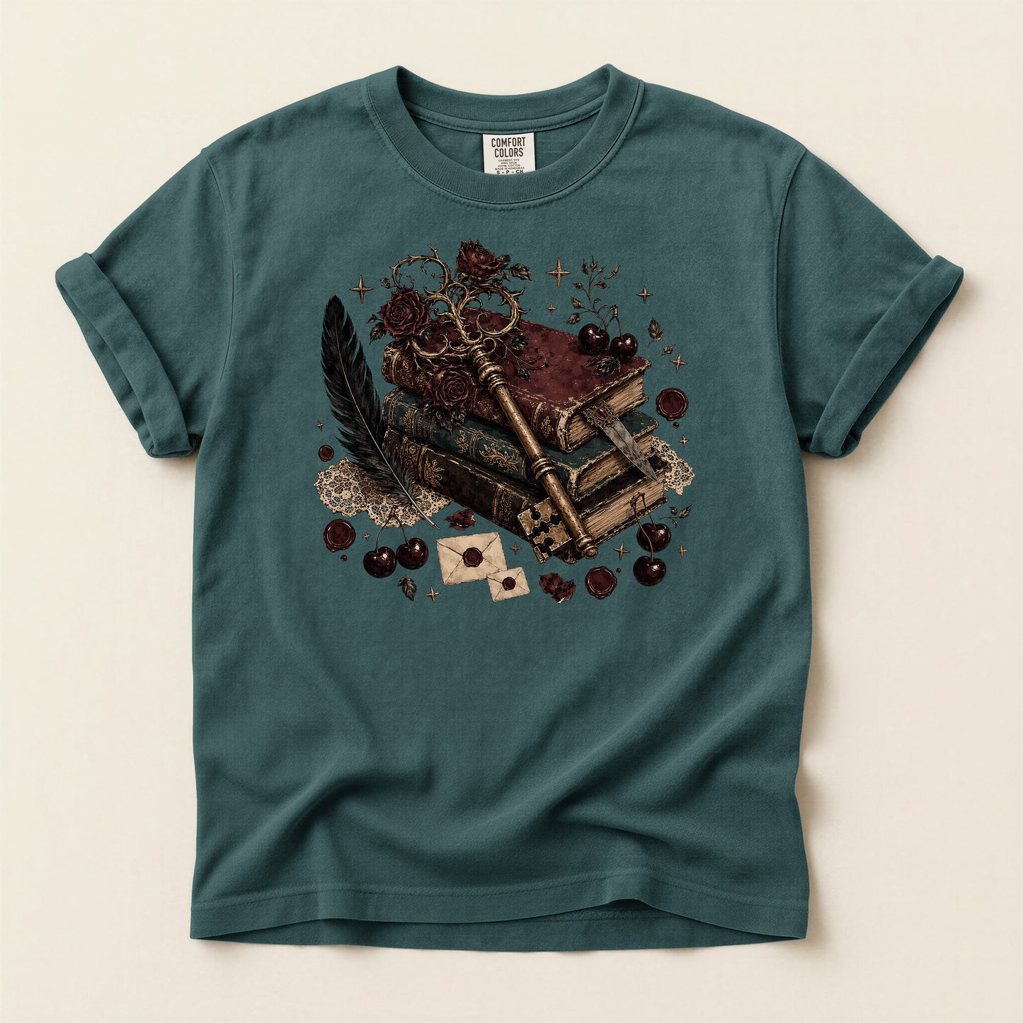 Mystic Book & Quill Graphic T-Shirt — Vintage Witchcraft Aesthetic