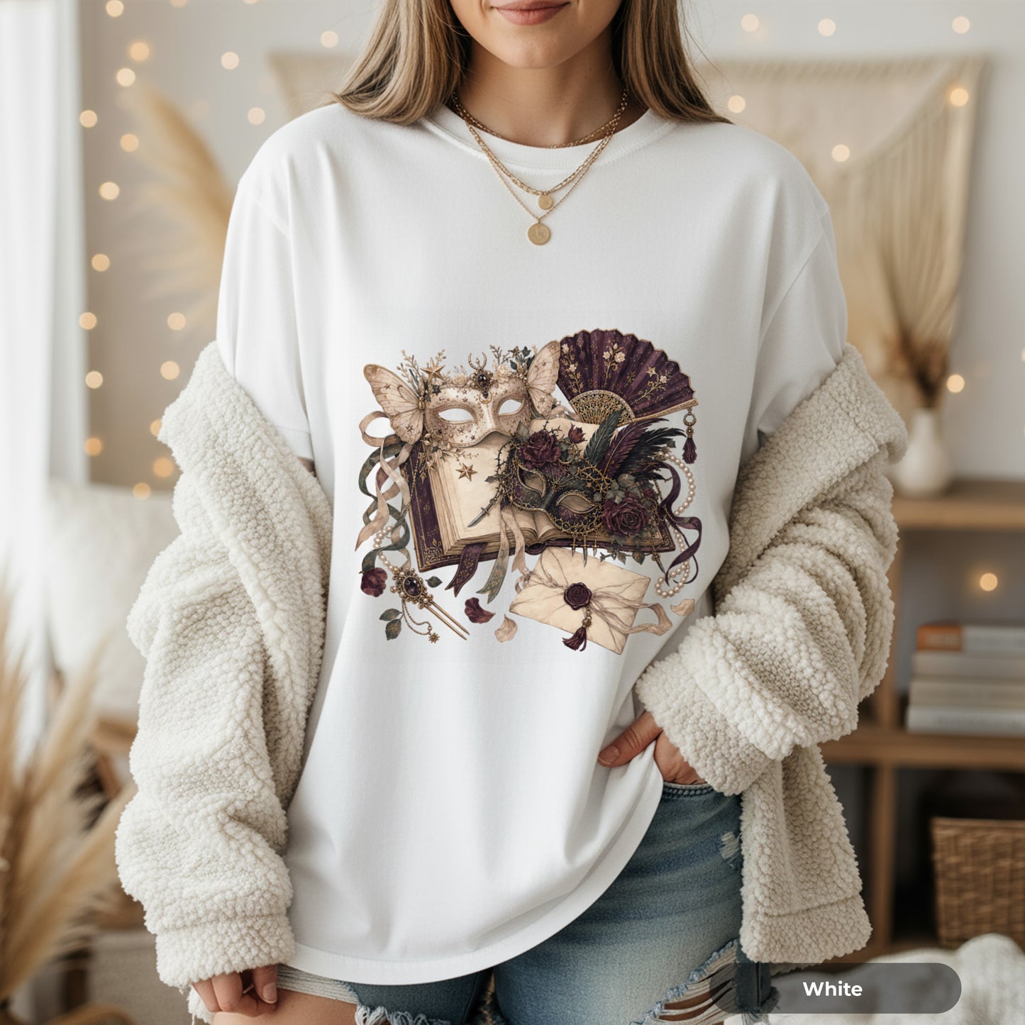 Masquerade Romance T-Shirt — Vintage Mask, Fan & Love Letter Graphic