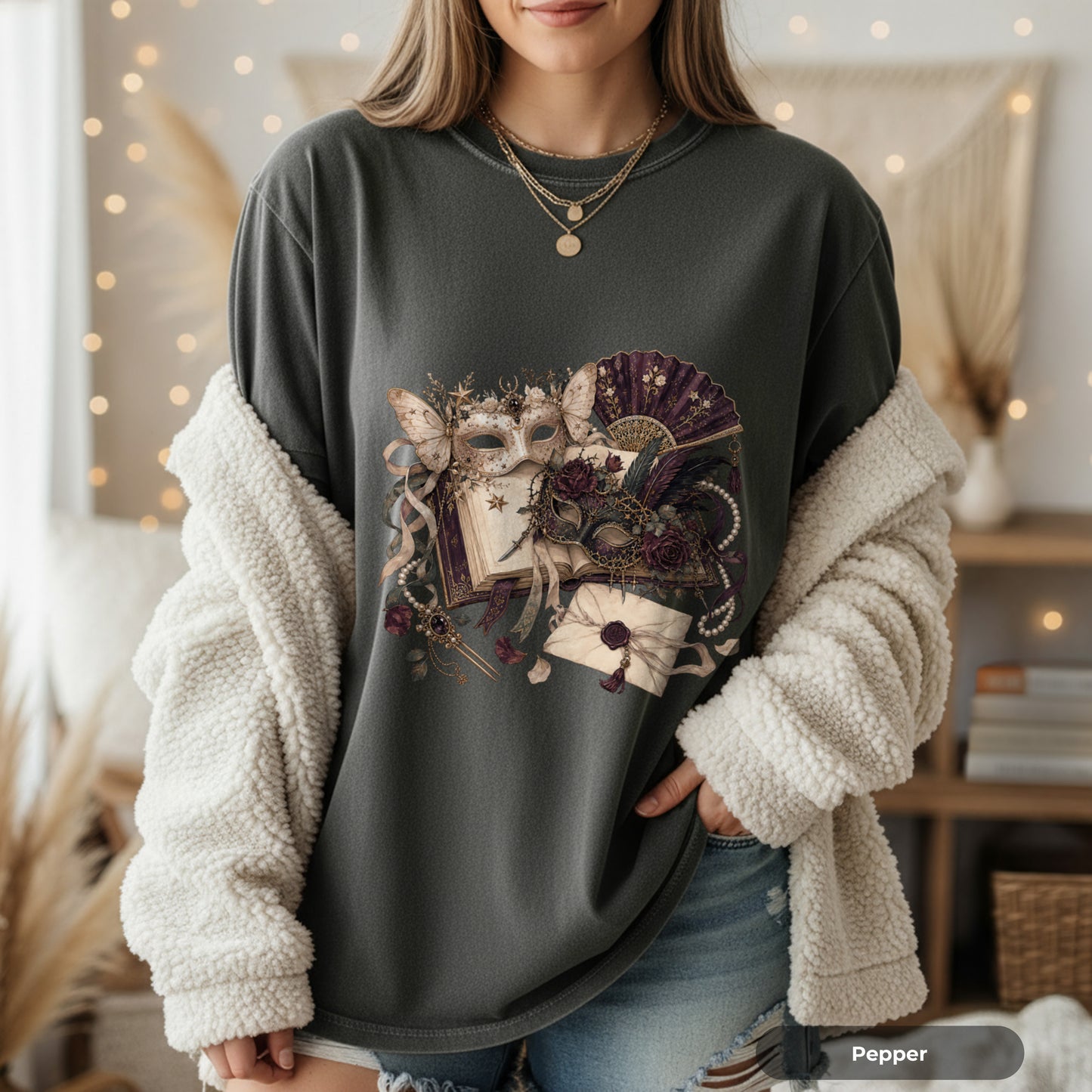 Masquerade Romance T-Shirt — Vintage Mask, Fan & Love Letter Graphic