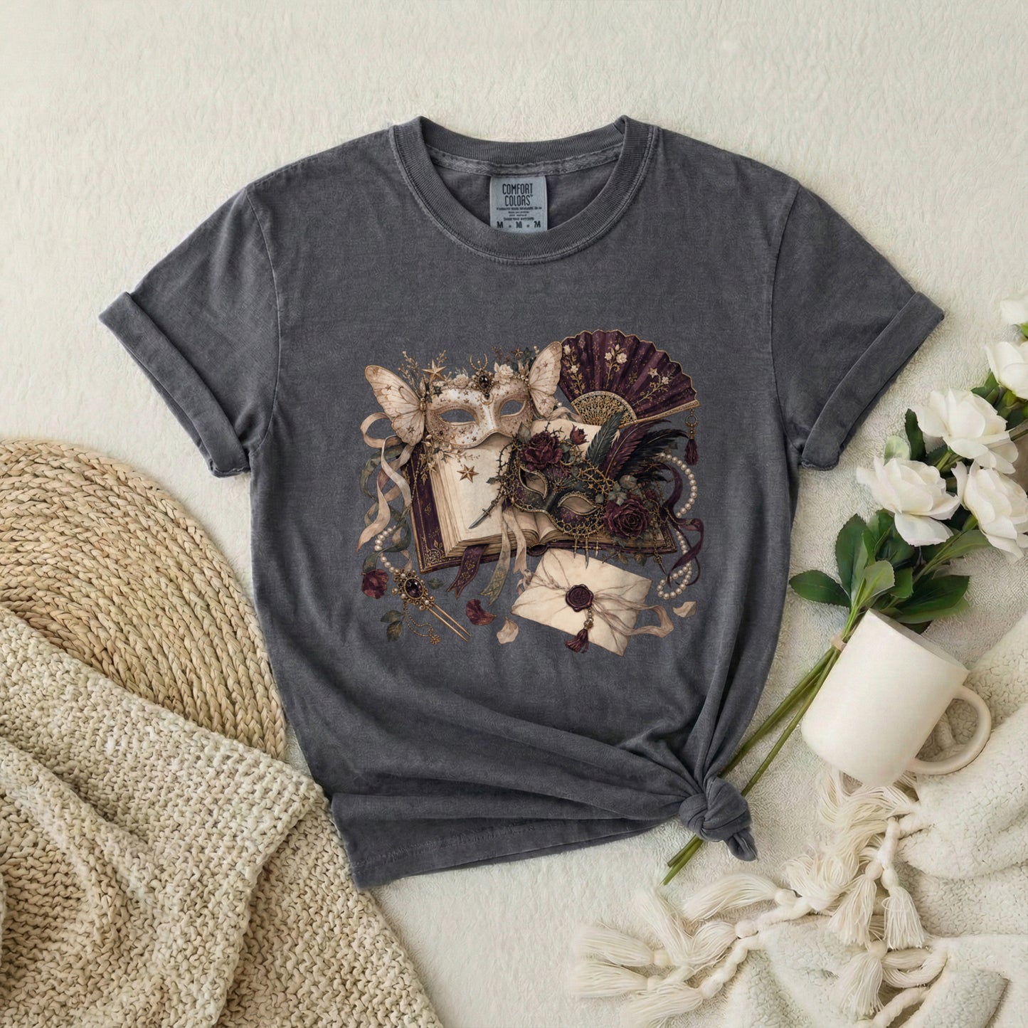 Masquerade Romance T-Shirt — Vintage Mask, Fan & Love Letter Graphic