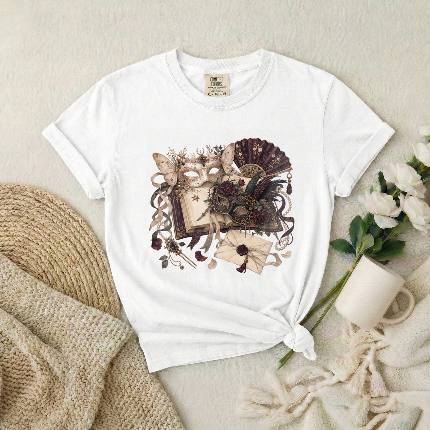 Masquerade Romance T-Shirt — Vintage Mask, Fan & Love Letter Graphic