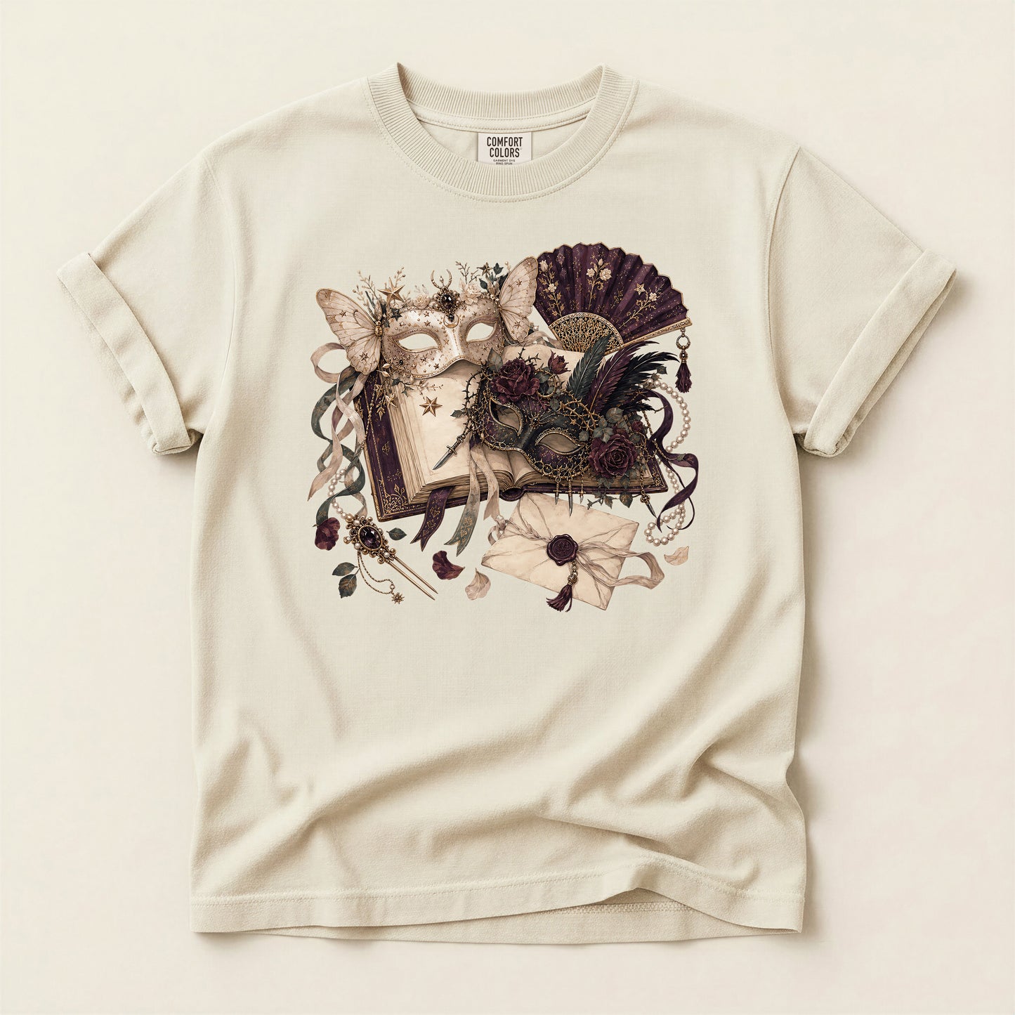 Masquerade Romance T-Shirt — Vintage Mask, Fan & Love Letter Graphic