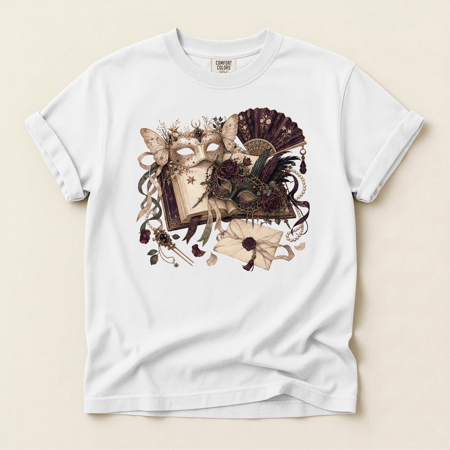 Masquerade Romance T-Shirt — Vintage Mask, Fan & Love Letter Graphic
