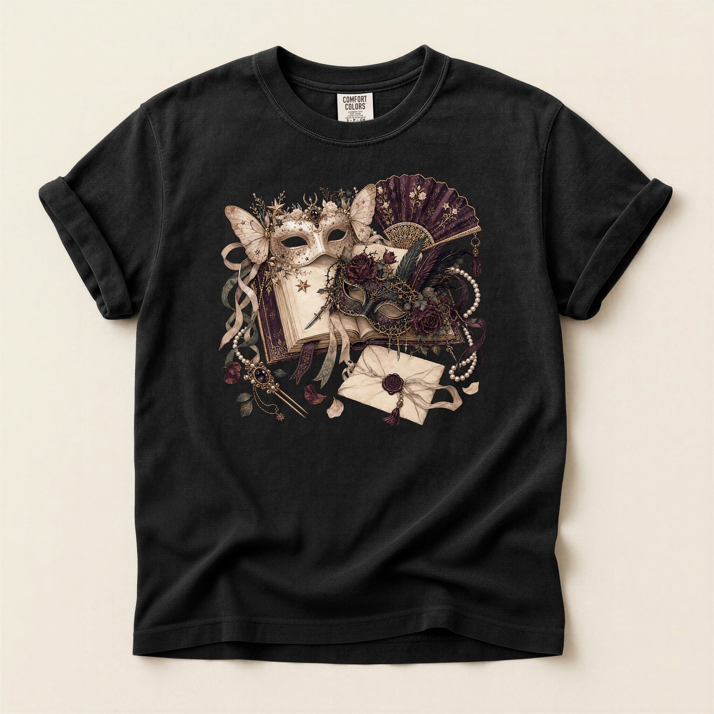 Masquerade Romance T-Shirt — Vintage Mask, Fan & Love Letter Graphic