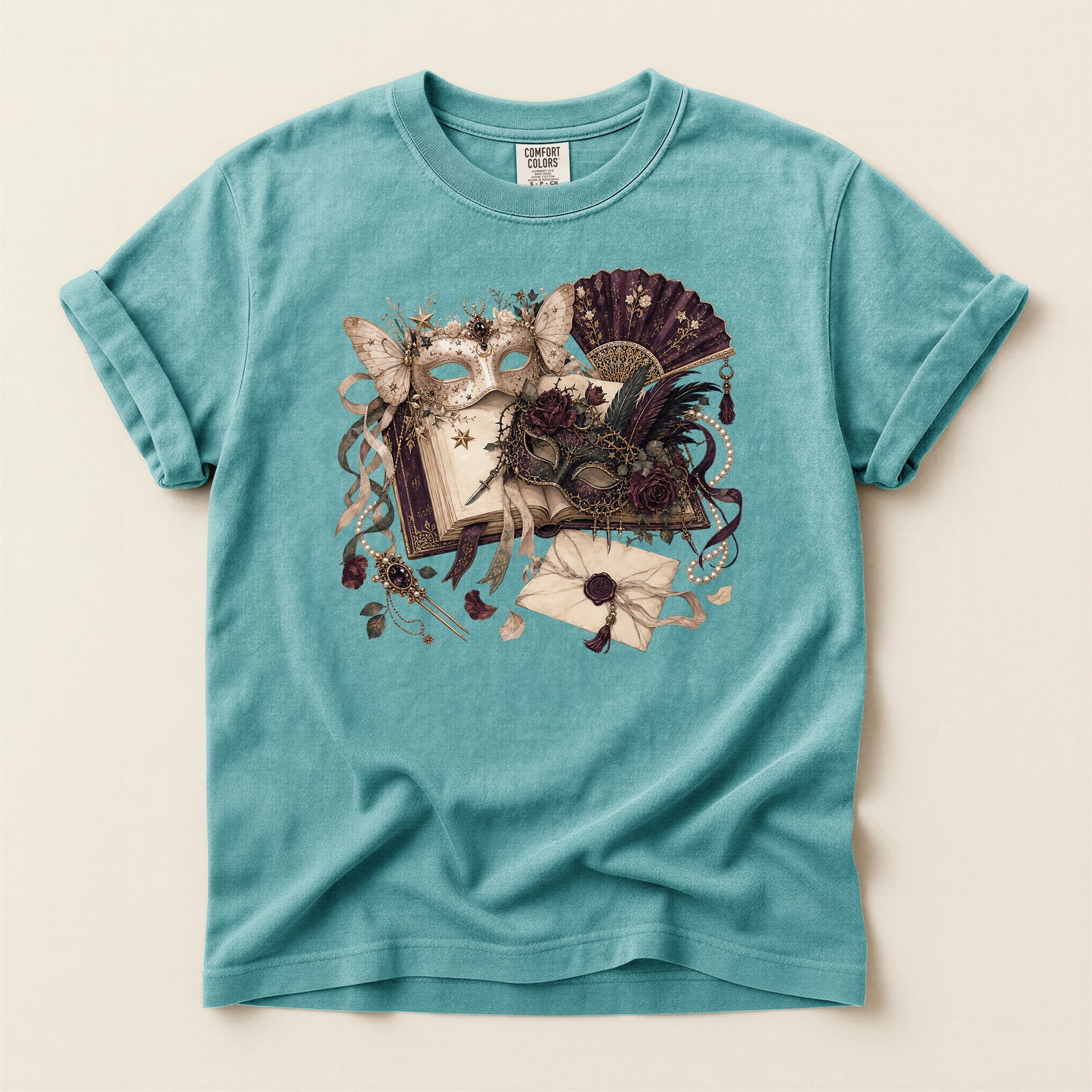 Masquerade Romance T-Shirt — Vintage Mask, Fan & Love Letter Graphic