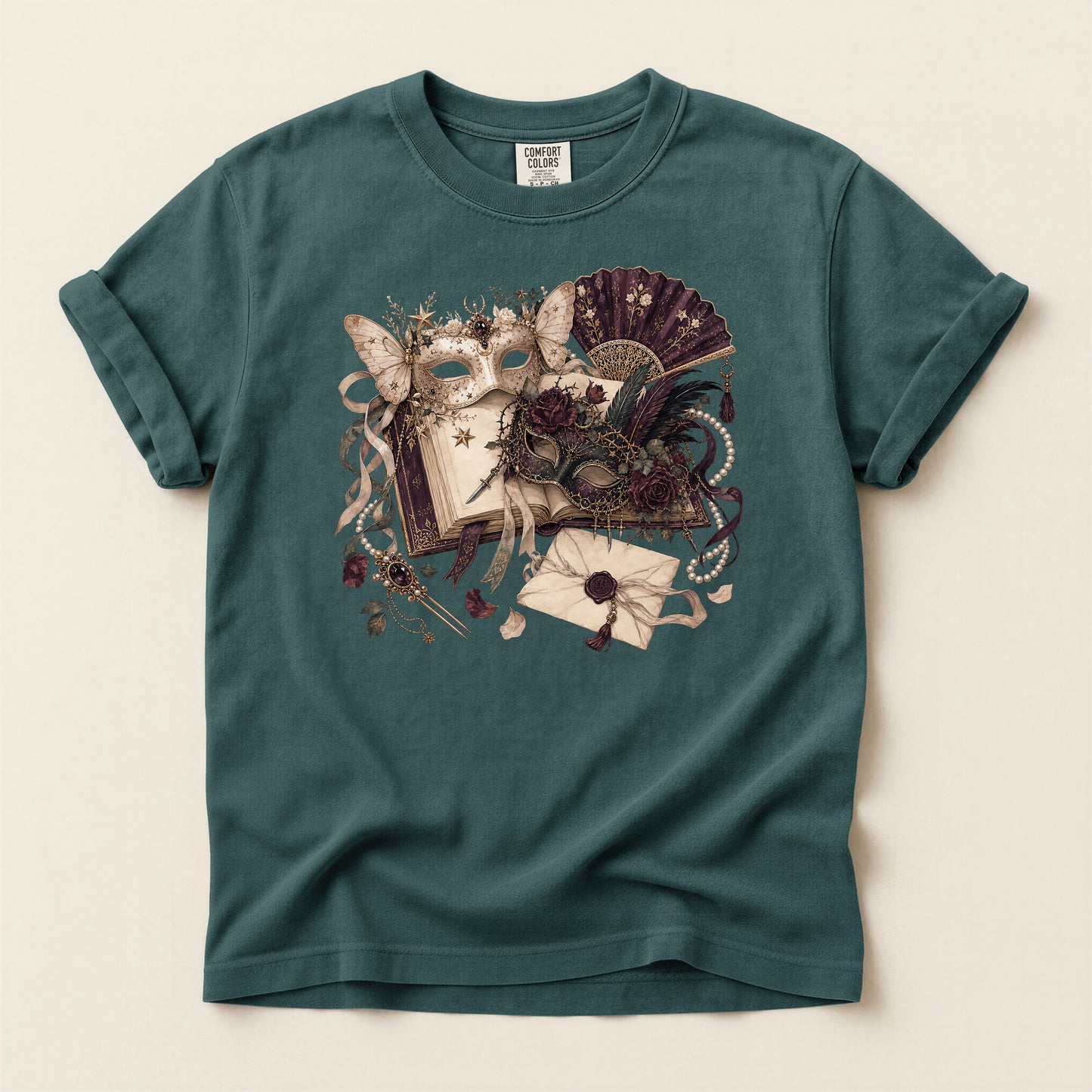 Masquerade Romance T-Shirt — Vintage Mask, Fan & Love Letter Graphic