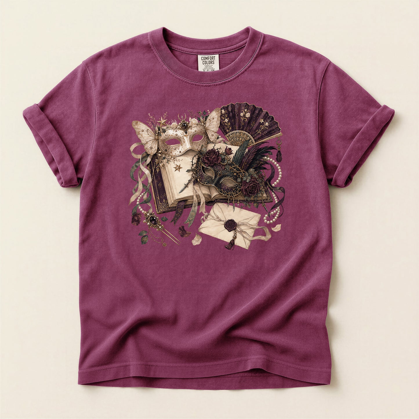Masquerade Romance T-Shirt — Vintage Mask, Fan & Love Letter Graphic