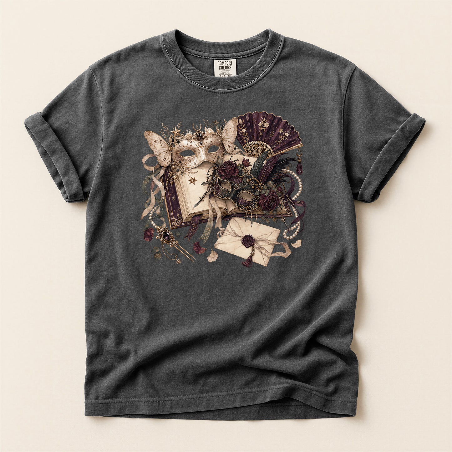 Masquerade Romance T-Shirt — Vintage Mask, Fan & Love Letter Graphic