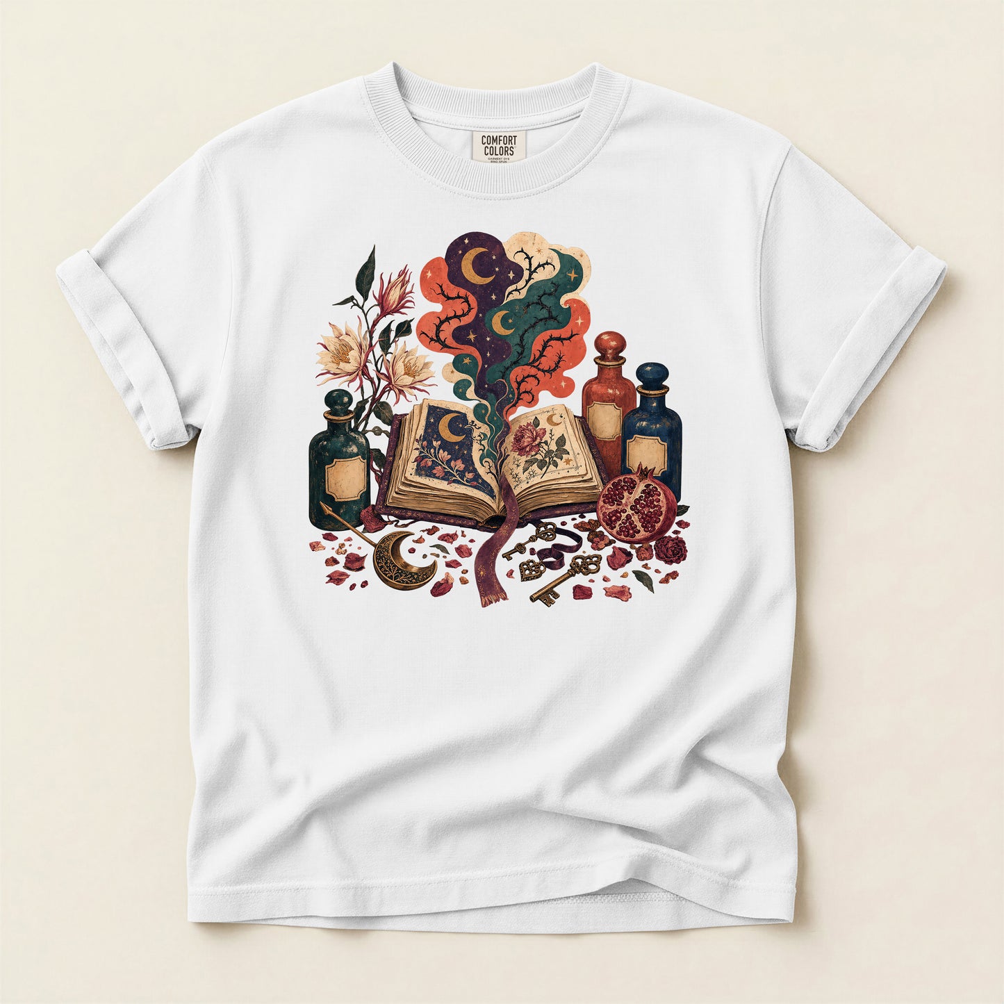 Mystic Spellbook T-Shirt — Vintage Potion & Magic Book Graphic Tee