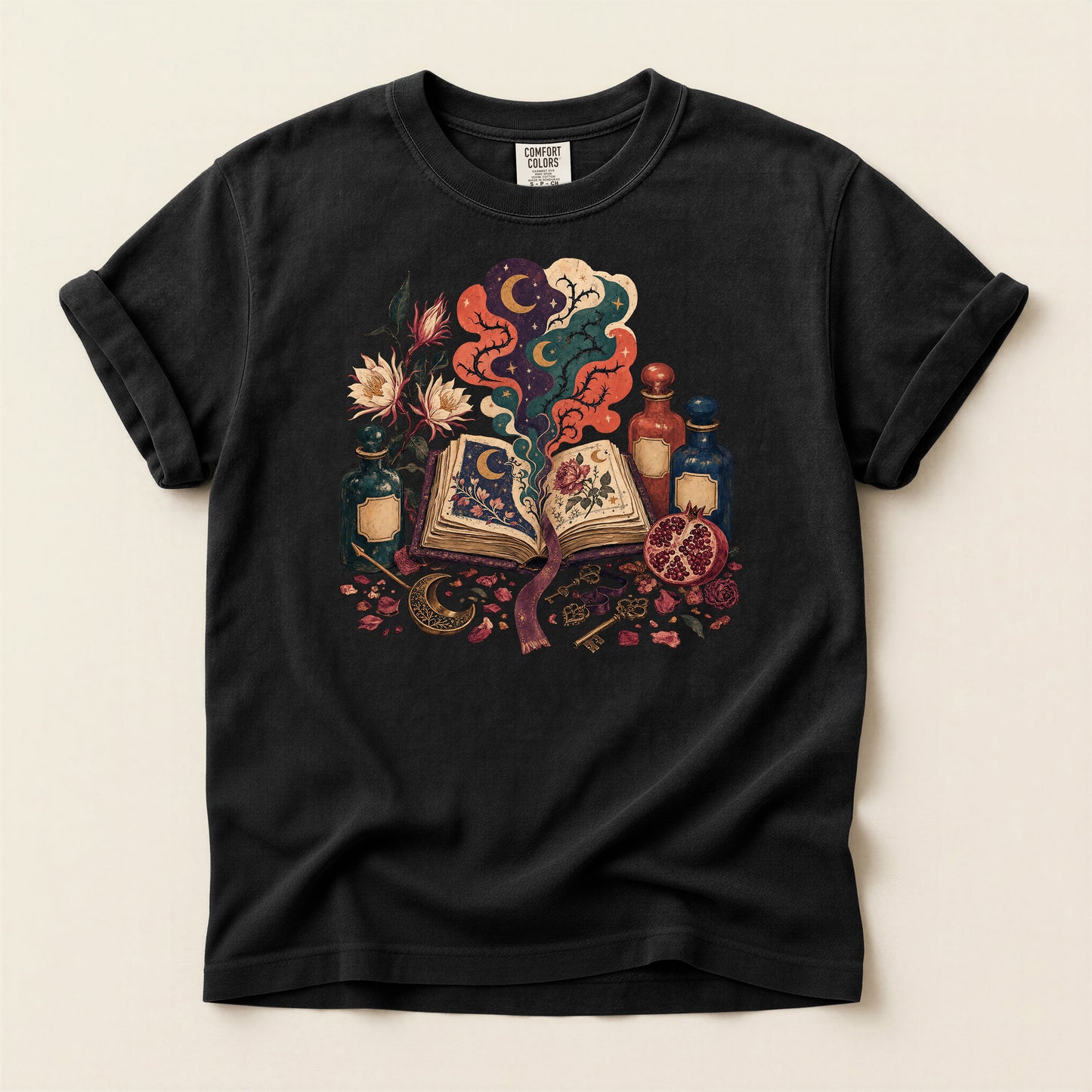 Mystic Spellbook T-Shirt — Vintage Potion & Magic Book Graphic Tee