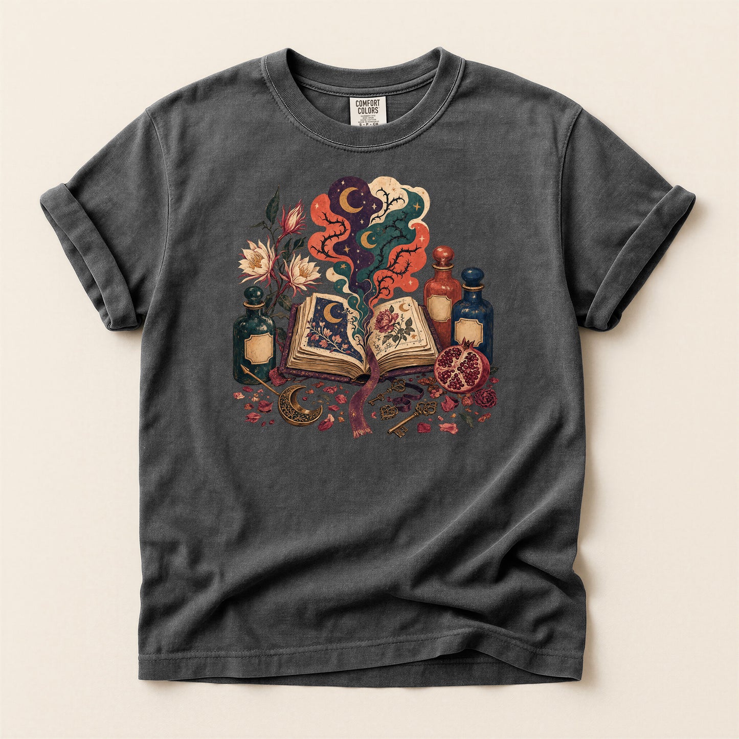 Mystic Spellbook T-Shirt — Vintage Potion & Magic Book Graphic Tee