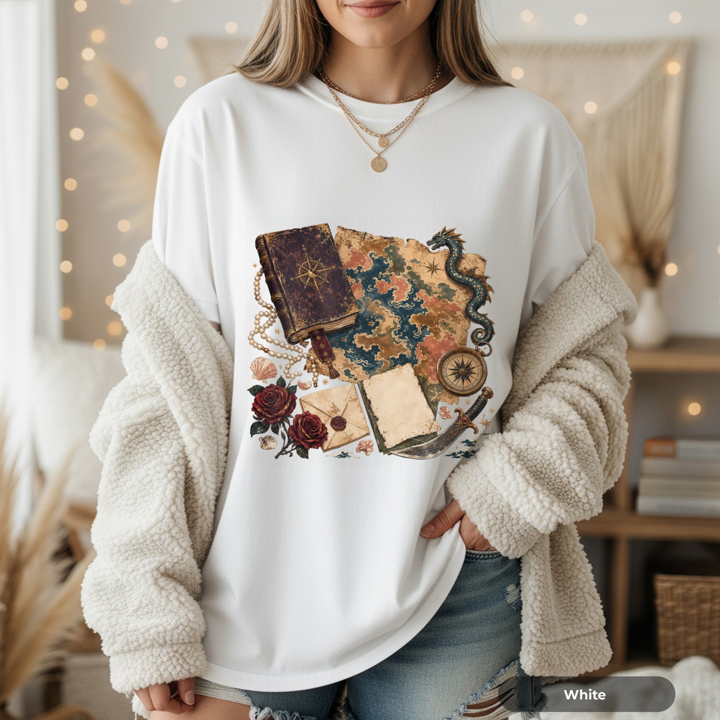 Adventure Map T-Shirt — Vintage Compass, Sea Serpent & Treasure Journal Design
