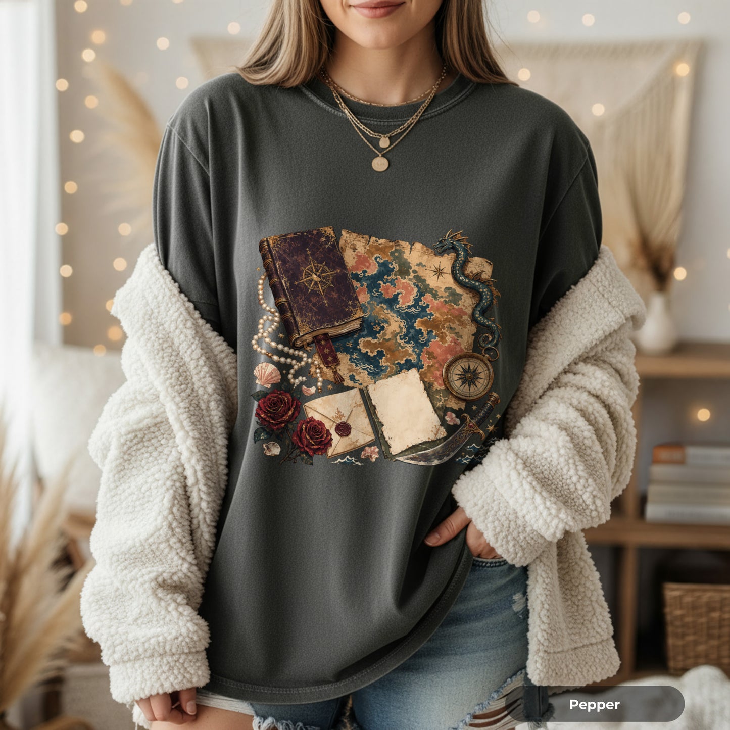 Adventure Map T-Shirt — Vintage Compass, Sea Serpent & Treasure Journal Design