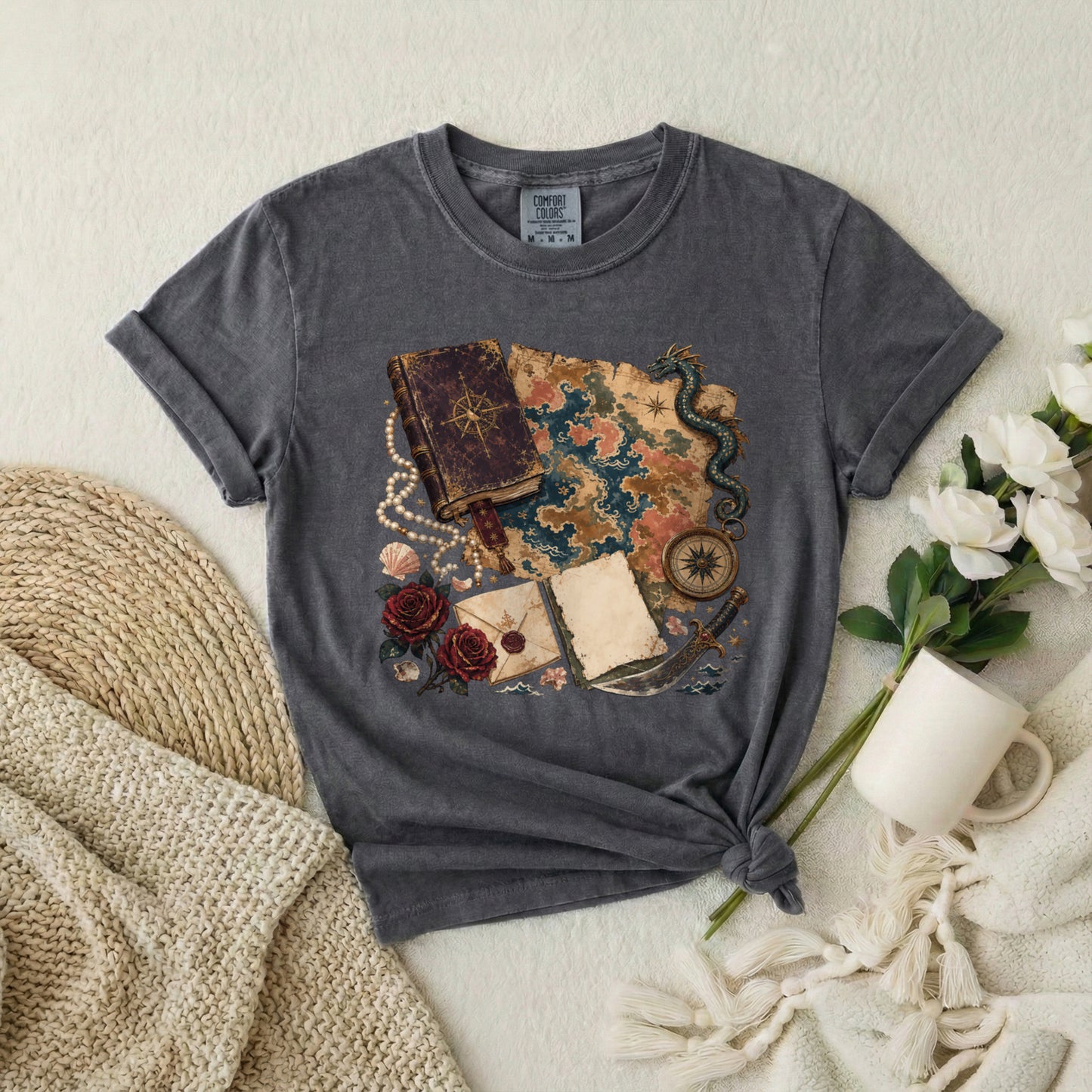 Adventure Map T-Shirt — Vintage Compass, Sea Serpent & Treasure Journal Design