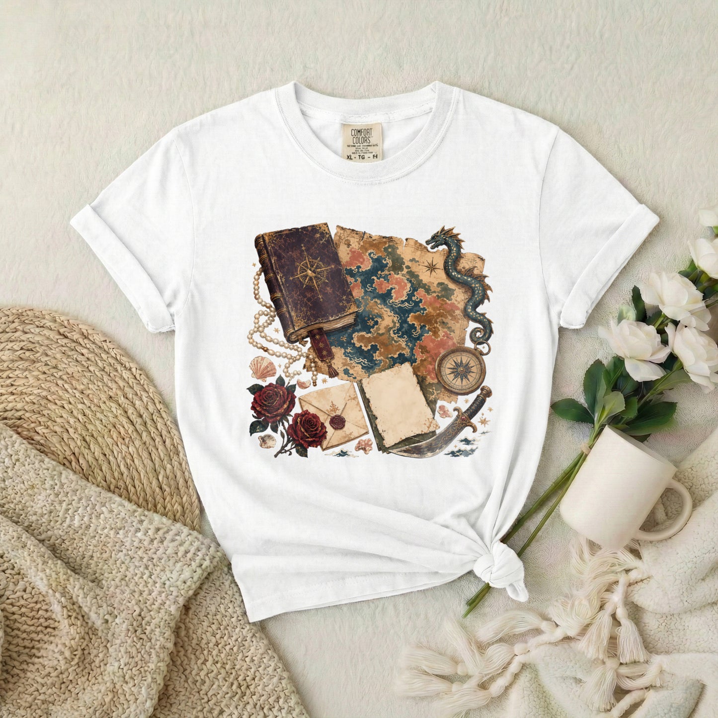 Adventure Map T-Shirt — Vintage Compass, Sea Serpent & Treasure Journal Design