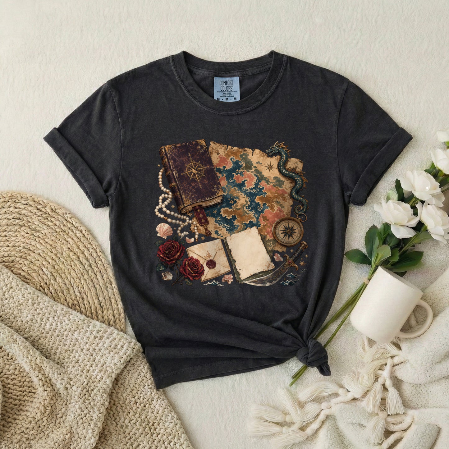 Adventure Map T-Shirt — Vintage Compass, Sea Serpent & Treasure Journal Design