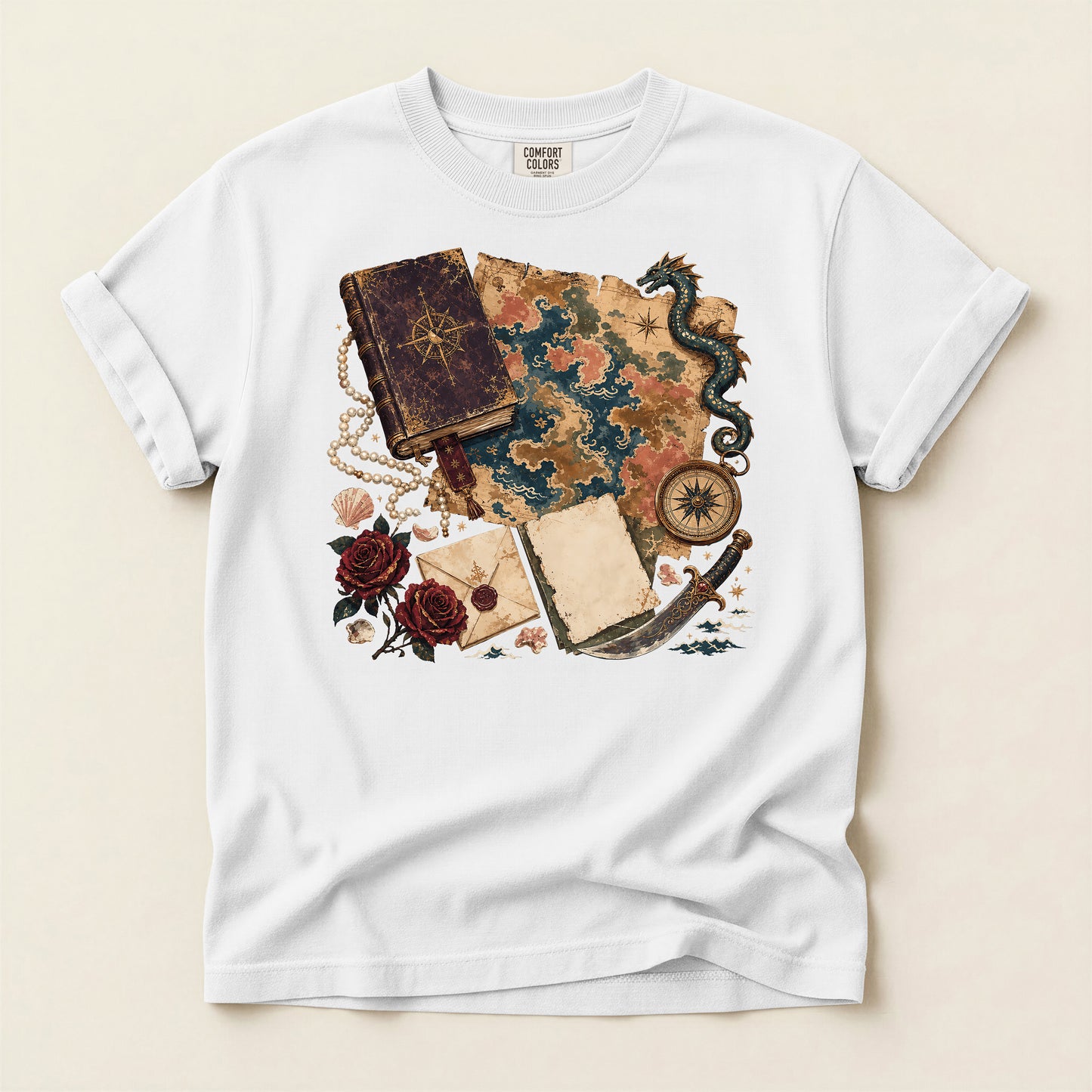 Adventure Map T-Shirt — Vintage Compass, Sea Serpent & Treasure Journal Design