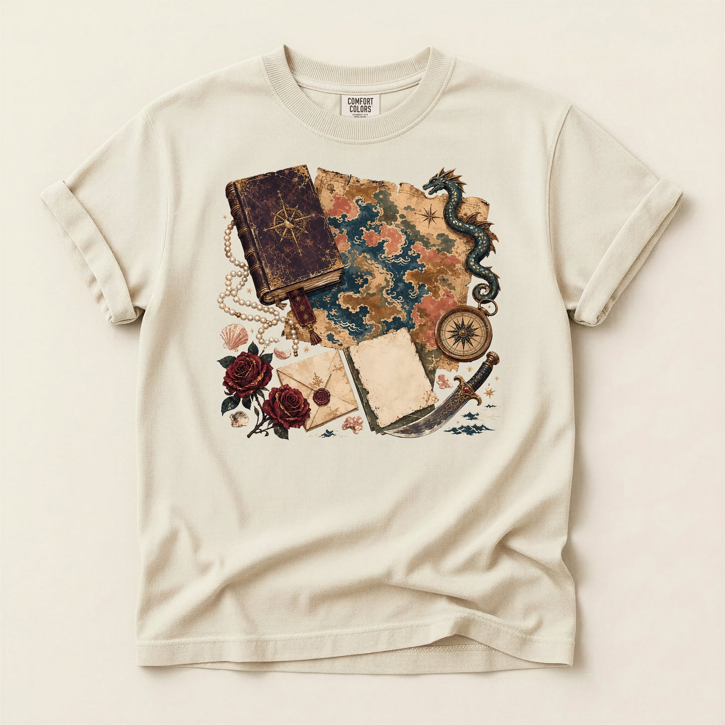 Adventure Map T-Shirt — Vintage Compass, Sea Serpent & Treasure Journal Design