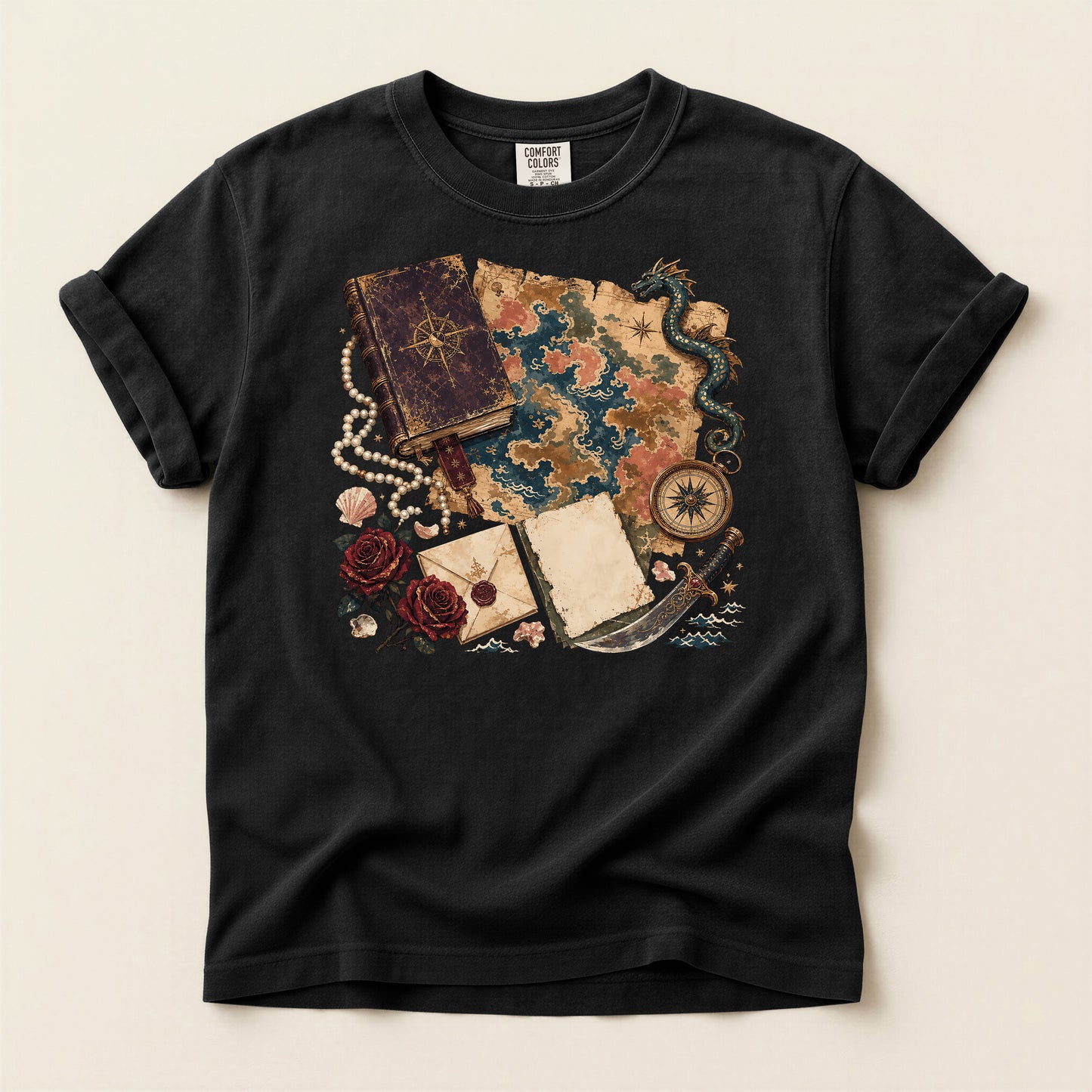 Adventure Map T-Shirt — Vintage Compass, Sea Serpent & Treasure Journal Design