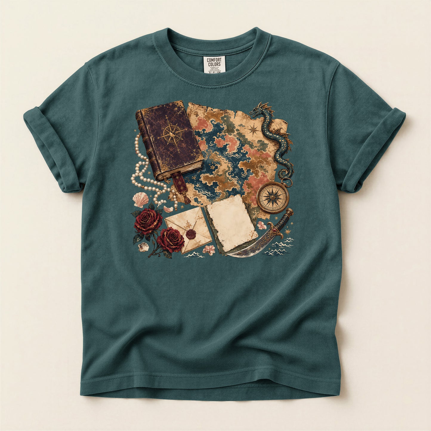 Adventure Map T-Shirt — Vintage Compass, Sea Serpent & Treasure Journal Design