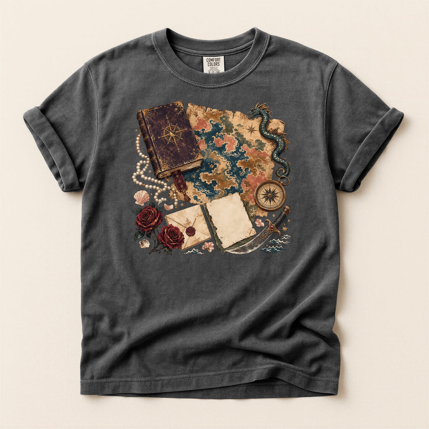 Adventure Map T-Shirt — Vintage Compass, Sea Serpent & Treasure Journal Design
