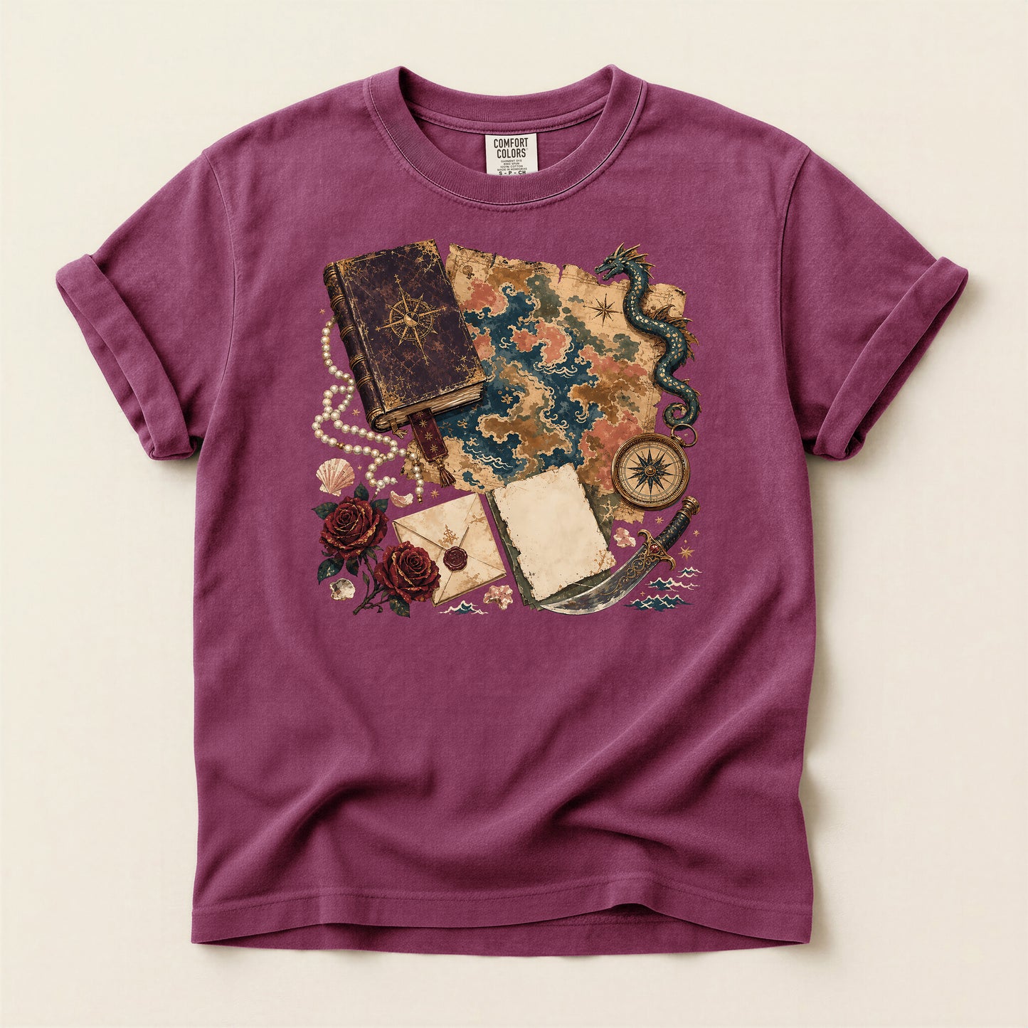 Adventure Map T-Shirt — Vintage Compass, Sea Serpent & Treasure Journal Design