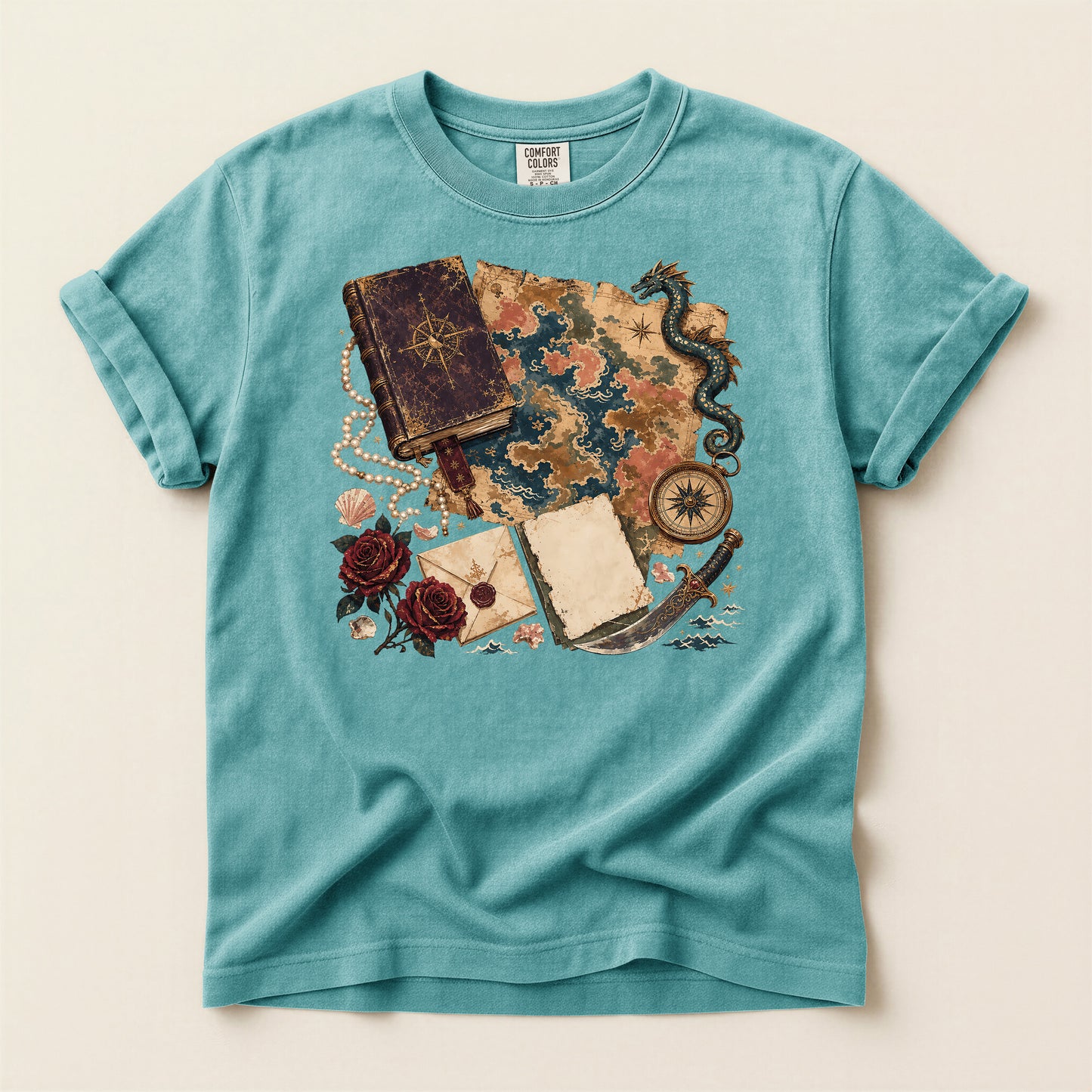 Adventure Map T-Shirt — Vintage Compass, Sea Serpent & Treasure Journal Design