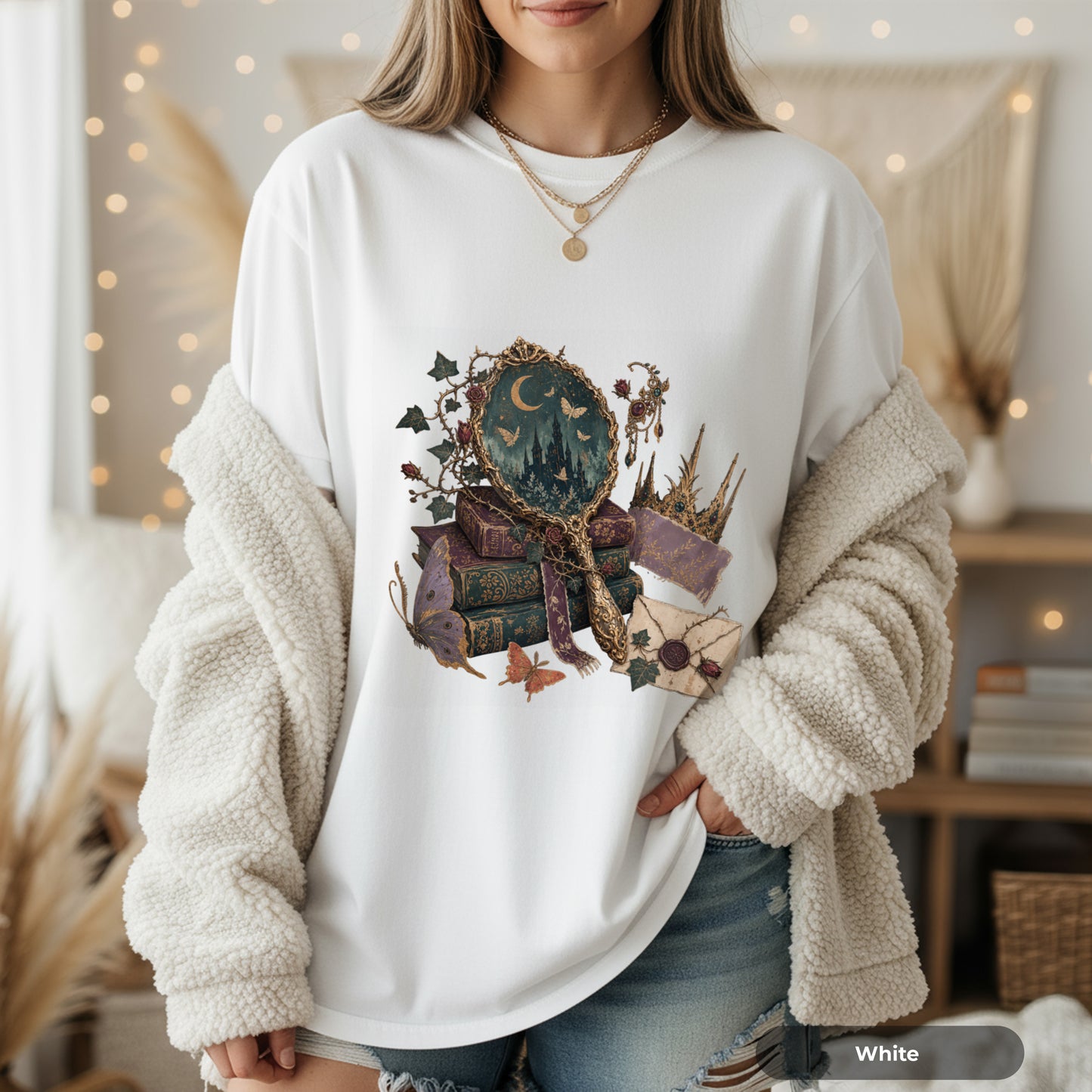 Occult Bookstack T-Shirt — Vintage Mirror, Moon & Potion Gothic Graphic Tee