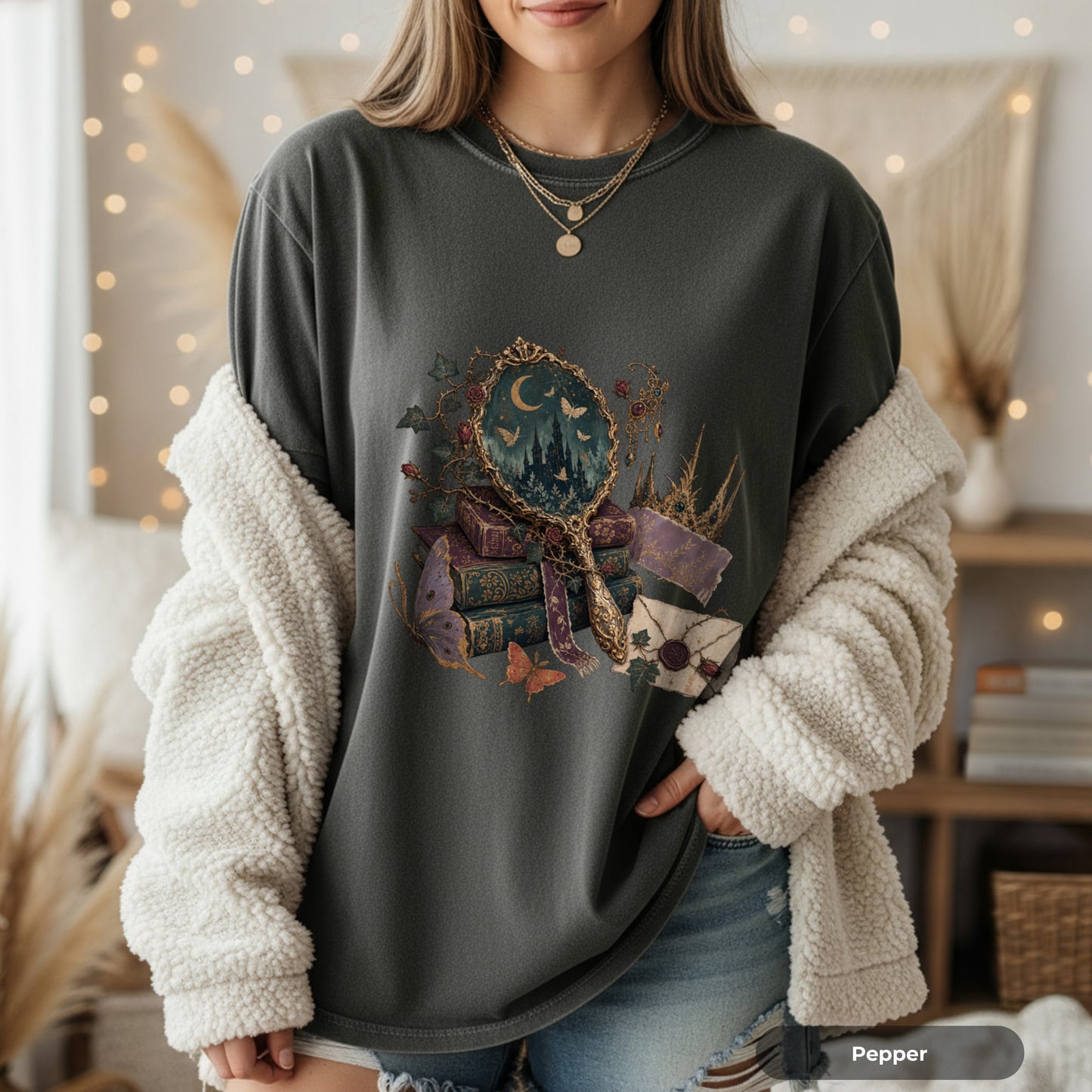 Occult Bookstack T-Shirt — Vintage Mirror, Moon & Potion Gothic Graphic Tee
