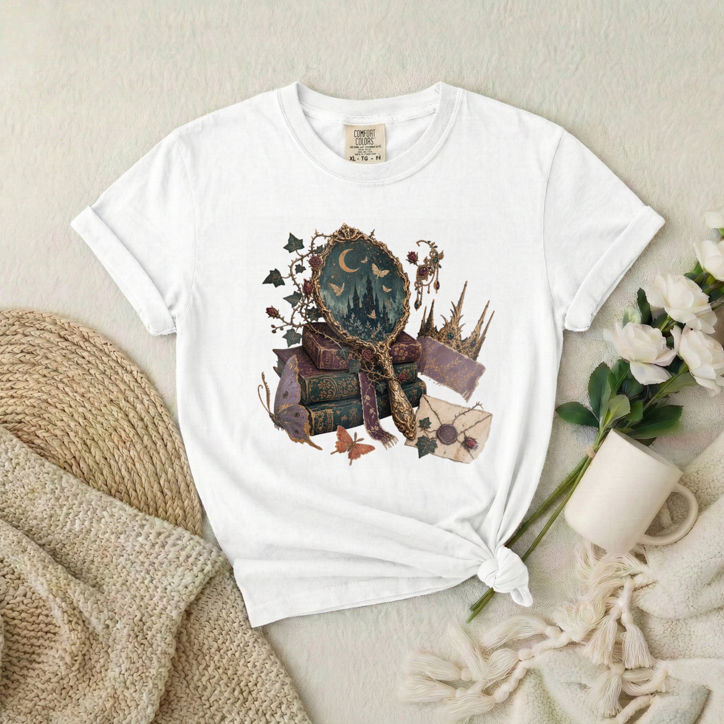 Occult Bookstack T-Shirt — Vintage Mirror, Moon & Potion Gothic Graphic Tee