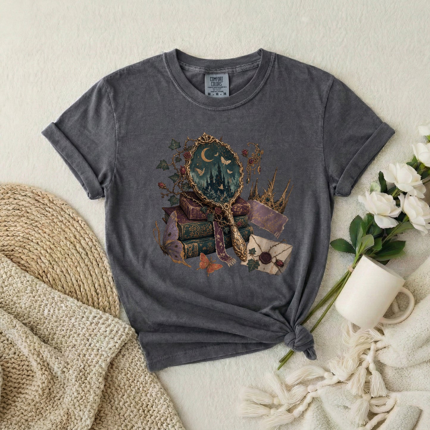 Occult Bookstack T-Shirt — Vintage Mirror, Moon & Potion Gothic Graphic Tee