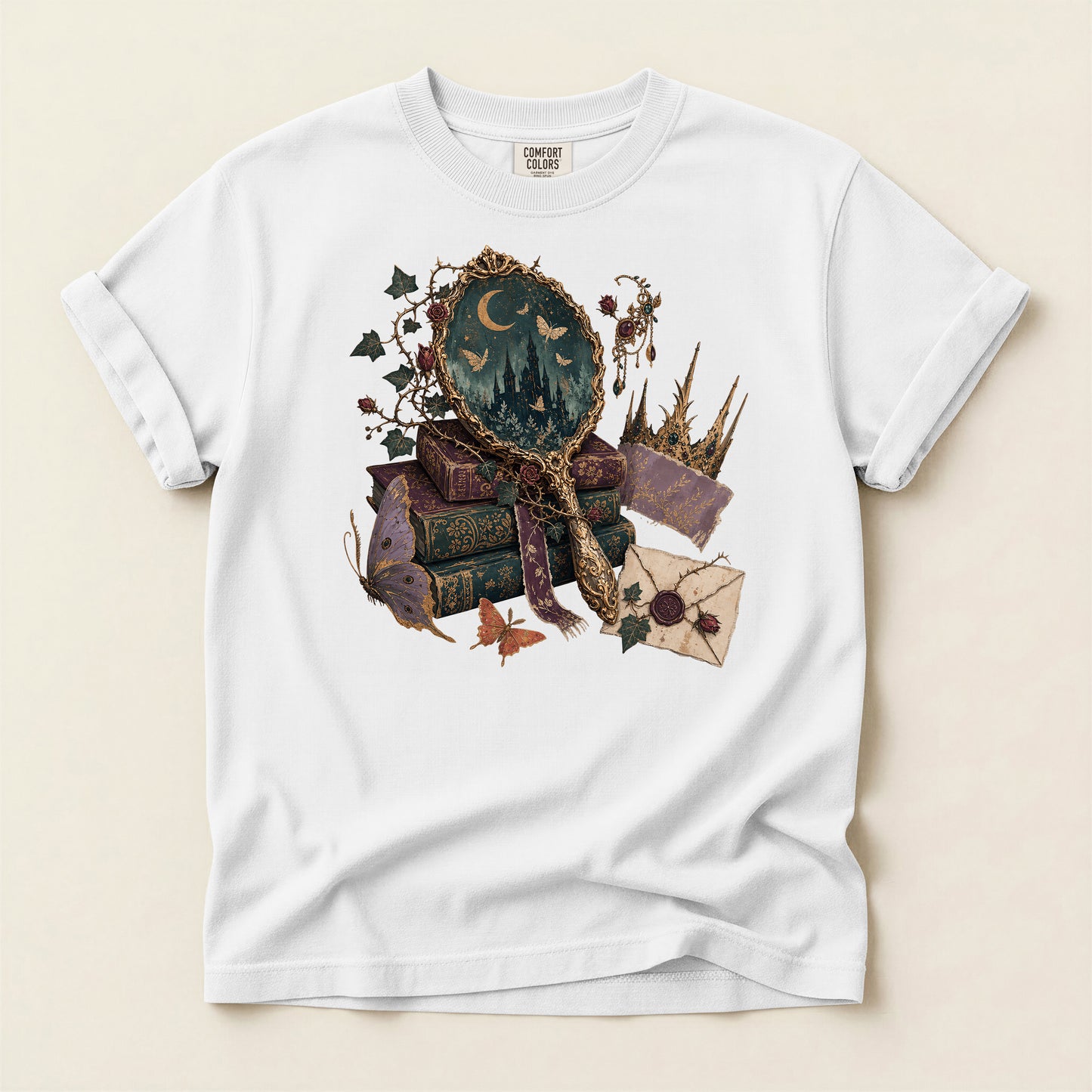 Occult Bookstack T-Shirt — Vintage Mirror, Moon & Potion Gothic Graphic Tee