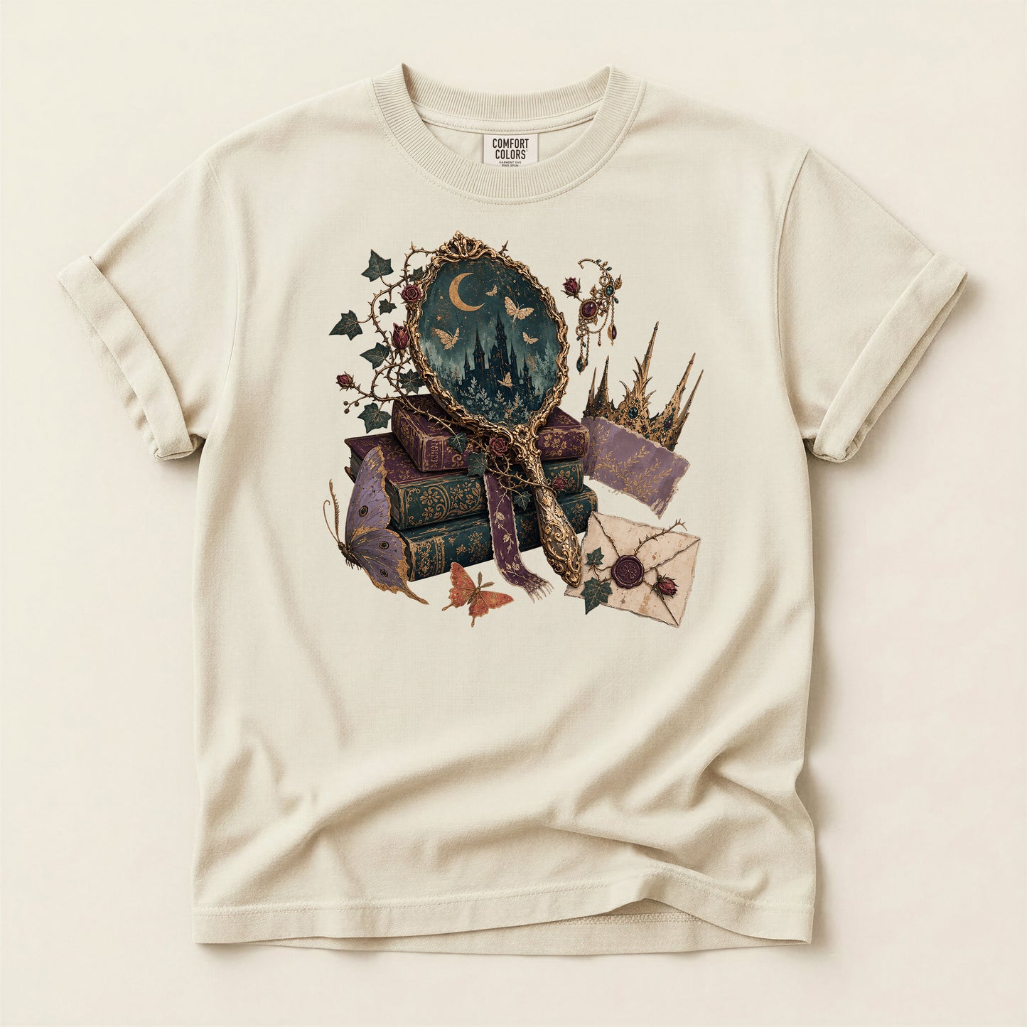 Occult Bookstack T-Shirt — Vintage Mirror, Moon & Potion Gothic Graphic Tee