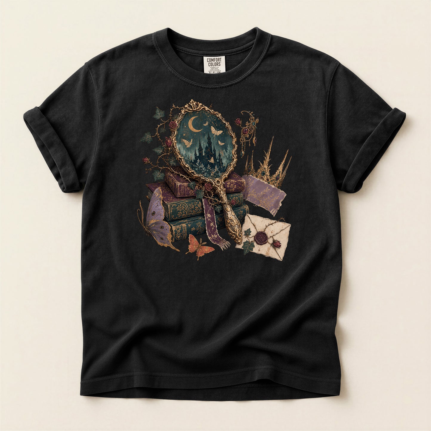 Occult Bookstack T-Shirt — Vintage Mirror, Moon & Potion Gothic Graphic Tee